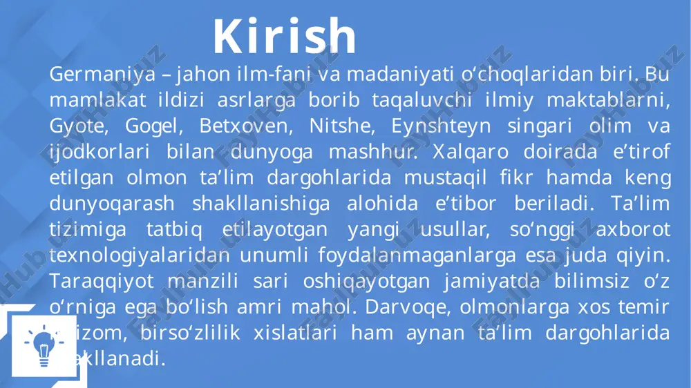 o‘ra, 1 – a’lo 2 – yaxshi 3 – qoniqarli 4 – yetarli , 5 – yetarli emas , 6 – qoniqarsiz. o‘quvchilar fanlarni eng kamida "4”ga o‘zlashtirishi kerak. boshlang‘ich bosqichda bolalarga matematika, nemis tili, tabiatshunoslik, musiqa, estetika fanlari o‘tiladi. tanlash imkoniyati olmon ta’lim tizimining o‘ziga xos xususiyati shundaki, o‘quvchilar boshlang‘ichni tugatgandayoq kelajak yo‘lini aniqlab olishi zarur. ana shunga asoslanib, u bir necha turdagi maktabdan birida o‘qishni davom ettiradi. asosiy maktab. bu yerda bolalar to‘qqizinchi sinfgacha o‘qitiladi. asosiy maktablarda oliy ta’lim muassasalarida o‘qish niyati yo‘q bo‘lgan, biror bir kasb etagidan tutishni ko‘zlagan o‘quvchilar ta’lim oladi. bu turdagi maktablarda bazaviy bilimlar beriladi va asosiy e’tibor amaliy mashg‘ulotlarga qaratiladi. asosiy maktabni tugatgan o‘smirlar tugallanmagan o‘rta ta’lim haqida shahodatnoma oladi. ushbu hujjat bilan kasb-hunar maktablariga kirish mumkin. bizdagi kasb-hunar kollejlariga o‘xshab ketadigan mazkur maktablarda talaba muayyan kasb-hunar bo‘yicha bilim va tajriba oshiradi. real maktab. bu turdagi maktablarda matematika va tabiiy fanlarga moyil, kelajakda …