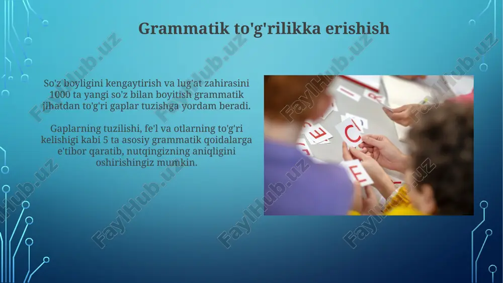adaniyatini rivojlantirishda og'zaki va yozma nutq o'rtasidagi bog'liqlikni o'rnatish, ya'ni 3 ta asosiy nutq turi (hikoya qilish, bayon qilish, ta’riflash)ni o'zlashtirishga urg'u berish kerak. nutq madaniyatini shakllantirishda 5-7 yoshdagi bolalarda to'g'ri talaffuzni rivojlantirishga alohida e'tibor qaratish, fonetik mashqlar va o'yinlar orqali so'z boyligini kengaytirish muhim hisoblanadi. improvizatsiya qilish mahoratini rivojlantirish improvizatsiya qobiliyatini oshirishda, "yes, and..." texnikasini qoʻllash, bir nechta variantlarni tezda generatsiya qilish qobiliyatini 2-3 barobar oshiradi. spontan nutqni boyitish uchun, 20 ta sinonimlarni, 10 ta idiomatik ifodani oʻrganish va ularni kundalik muloqotga qoʻllash foydali. e'tiboringiz uchun rahmat @taqdimot_robot image3.jpg image4.jpg image5.jpg image6.jpg image7.jpg image8.jpg image9.jpg image10.jpg image11.jpg image12.jpg image13.jpg image14.jpg image15.jpg image16.jpg image17.jpg image18.jpg image19.jpg image2.png