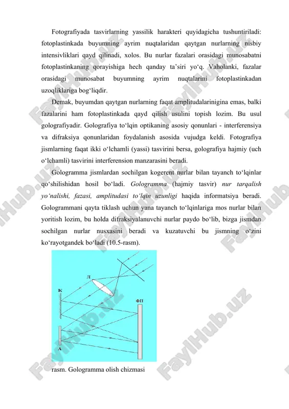 sochuvchi obektlarni, masalan, metall konstruksiyalarning korroziya bilan qoplanishini beton balkalari, avtomabil pokrishkalari va shunga o‘xshashlarni tekshirishga imkon berdi. agar bunday obektning deformatsiyasini o‘rganish lozim bo‘lsa, u holda gologramma yordamida uning uch o‘lchamli tasviri hosil qilinadi va bu tasvir obekt bilan qo‘shiladi. bunda obekt va gologrammani, gologramma olish vaqtida qo‘llanilgani singari, yorug‘lik bilan yoritiladi. endi tasvirning yorug‘lik bilan jismdan qaytgan yorug‘lik interferensiyalanadi, chunki ular kogerentdir (3.28-rasm). agar obekt o‘z shaklini bir oz o‘zgartirgan bo‘lsa, u holda golografik tasvir bilan obektdan qaytgan nurlar orasida yo‘l farqi yuzaga keladi, natijada obekt shaklining o‘zgarishini xarakterlovchi interferensiya polosalari paydo bo‘ladi. golografik interferensiyani kuzatishning boshqa usuli ham mavjud. fotoplastinkaga jismning turli ikki holatdagi ikki gologrammasi ketma-ket «yoziladi». «qo‘shaloq» gologrammani yoritishda tiklangan tasvirlarning to‘lqinlari interferensiyalanadi va jism sirtida xuddi birinchi holdagidek, obekt holati o‘zgarishini harakterlovchi manzara hosil bo‘ladi. tovush to‘lqinlari yordamida ham gologrammalar olish mumkin. kogerent tovush to‘lqinlari ilgaridan ma’lum, ultratovush yordamida juda katta obektlarni yoritish mumkin. …