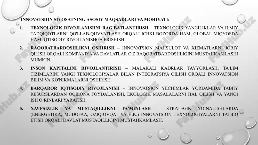 liyatni rivojlantirish uchun davlat ilmiy-tadqiqot markazlari va universitetlarga grantlar, subsidiya va moliyaviy ko‘mak beradi. texnologiyalar transferini rag‘batlantirish: davlat xorijiy texnologiyalarni mamlakat ichiga jalb qilish va ularni moslashtirish orqali mahalliy ishlab chiqarishni rivojlantirishga ko‘maklashadi. qo‘llab-quvvatlash dasturlari grant va subsidiya dasturlari: davlat innovatsion tadqiqotlar, startaplar va yangi texnologiyalar uchun grantlar ajratadi. bu dasturlar ilmiy-tadqiqot va tajriba-konstruktorlik faoliyatini qo‘llab-quvvatlab, yangi g‘oyalar va texnologiyalarni rivojlantirishga xizmat qiladi. texnoparklar va inkubatsion markazlar tashkil etish: innovatsiyalarni rivojlantirish uchun texnoparklar, inkubatorlar va akseleratorlarni tashkil qilish orqali davlat tadbirkorlar va olimlarni qo‘llab-quvvatlaydi. ushbu infratuzilmalar innovatsion loyihalarni boshlash, rivojlantirish va bozorda raqobatbardosh bo‘lish uchun zarur shart-sharoitlarni yaratadi. startaplarni qo‘llab-quvvatlash dasturlari: startaplarni rivojlantirish uchun maxsus dasturlar, jumladan soliq imtiyozlari, kreditlar, sarmoyaviy qo‘llab-quvvatlash va xalqaro miqyosda biznes hamkorlikni rivojlantirishga yo‘naltirilgan chora-tadbirlar joriy qilinadi. inson kapitalini rivojlantirish dasturlari: davlat yuqori malakali kadrlar tayyorlash uchun ta'lim grantlari va kasbiy malaka oshirish dasturlarini tashkil etadi. shuningdek, stem (fan, texnologiya, muhandislik, matematika) sohalarini rivojlantirishga katta …