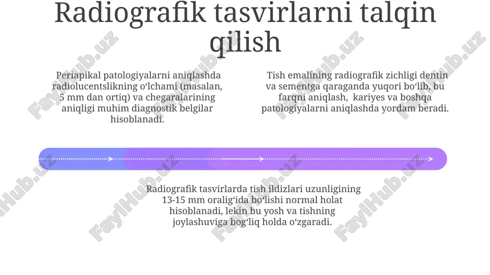 suyak zichligi va sinusial munosabatlarni baholash imkonini beradi. implantlarning joylashuvi radiografik ravishda 3-4 mm periapikal suyak balandligi va minimal 1 mm marginal suyak darajasini ta'minlashni talab qiladi, bu esa muvaffaqiyatli osseointegratsiya uchun muhimdir. postoperatsion radiografik monitoring 6-12 oy davomida osseointegratsiya jarayonini kuzatish va implant atrofidagi osteolizis yoki yallig'lanish belgilarini aniqlash uchun muhimdir. pulpaning radiografik ko'rinishi add text add text add text add text add text add text yosh tish radiogrammasida pulp bo'shlig'i katta, yaxshi ko'rinuvchi, kattalar tishlariga nisbatan ko'proq kalkulyatsiyaga uchraydi. pulp kanali radiogrammada 0,5-1 mm gacha tor, choʻziq boʻshliq sifatida koʻrinadi va uning shakli, kattaligi tishlarning joylashishiga bog'liq. pulpning radiografik ko'rinishi, uning yallig'lanishi (pulpit) yoki nekroziga qarab o'zgaradi, masalan, kalsifikatlar yoki to'qimalarning yo'qolishi kuzatiladi. radiografik tekshiruv usullari 01 02 03 okklyuzion radiografiya yuqori va pastki jag'ning butun alveolyar tizimini, 28 ta tishni va ularning holatini bir vaqtning o'zida tasvirlash imkonini beradi. bitewing radiografiyasi 1-2 ta tishni, ularning interproksimal yuzalarini …