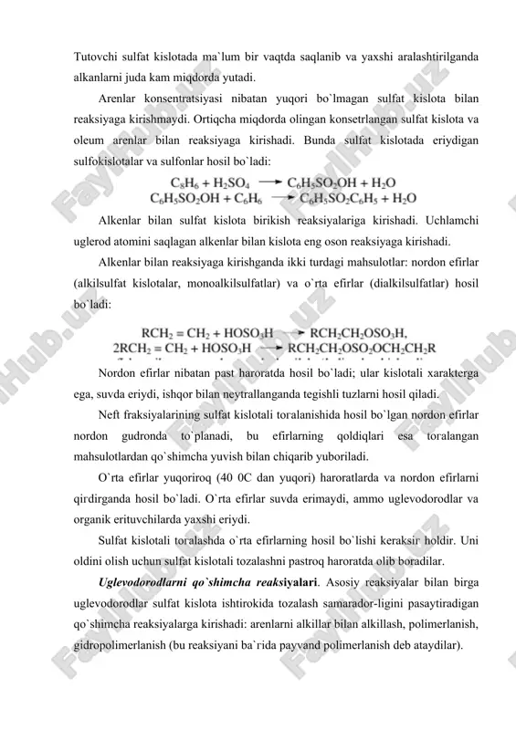 ish (bu reaksiyani ba`гida payvand polimerlanish deb ataydilar). alkilaromatik uglevodorodlarning hosil bo`lishi sulfat kislota nordon efirlarining aromatik birikmalar bilan o`гaro ta`sirlashishining natijasidir: polimerlanganda alkenlar dimer, trimer va tetramerlarning hosil bo`lishi bilan zichlashadi, bu moddalar tozalangan mahsulotda erib uning rangini yomonlashtiradi. alkenlarning sulfat kislota bilan reaksiyasi odatdagiday karbkation mexanizm bilan boradi. oltingugurt saqlagan birikmalarning reaksiyalari. vodorod sulfid elementar oltingugurt va oltingugurt (iv) - oksid hosil qilish bilan oksidlanadi: oltingugurt toгalanayotgan mahsulotda eriydi, so`ngra u uglevodorodlar bilan reaksiyaga kirishib yana vodorod sulfidni hosil qiladi. shuning uchun kislotali tozalashdan oldin vodorod sulfidni tozalanayotgan mahsulotdan chiqarib yuborish kerak. merkaptanlarning sulfat kislota bilan reaksiyasi uch bosqichda boradi, reaksiya mahsulotlari bo`lib sulfat kislotada oson eriydigan disulfidlar va sulfit angidrid hisoblanadi: konsentrlangan sulfat kislotaning tiofenga ta`siri natijasida tiofensulfokislotalar va oltingugurt oksidi hosil bo`ladi. disulfidlar, sulfidlar, tetragidrotiofen va sulfonlar sulfat kislota bilan reaksiyaga kirishmaydi, ammo unda yaxshi eriydi, ayniqsa past haroratda. sulfat kislotaning neft fraksiyalari komponenti bilan boshqa …