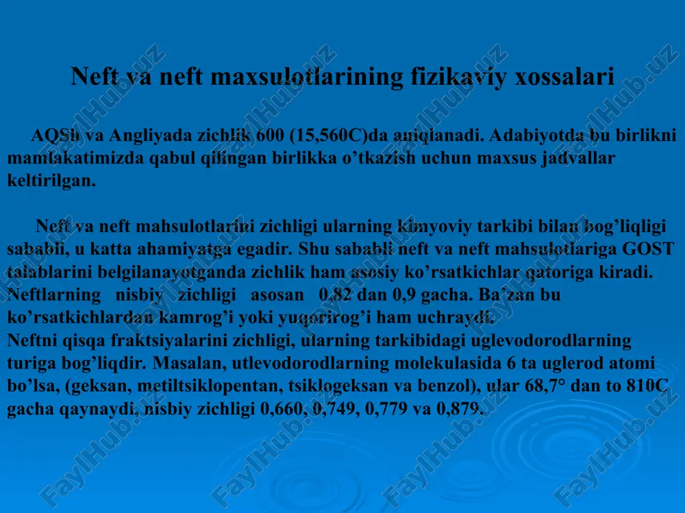 a nurni sinish burchagining sinusiga nisbati doimiy birlik bo’lib, u tushish burchagiga bog’liq emas: r— nurni tushish burchagi; i — nurni sinish burchagi; n — nurni sinish koeffitsiyenti (koeffitsiyent prelomleniya). nurni sinishi ko’rsatkichlarini, odatda 20°c da refraktometrda aniqlanadi. moddalarning sifatini qisqa vaqtda aniqlash uchun nurni sinish koeffitsiyenti qabul qilingan. uglevodorodlarning tarkibida vodorod qanchalik ko’p bo’lsa, bu moddaning nurni sindirish koeffitsiyenti shunchalik kam bo’ladi. bir xil miqdordagi uglerod va vodorod atomlariga ega bo’lgan halqa va zanjir ko’rinishidagi alifatik uglevodorodlarni nurni sindirish ko’rsatkichi birinchisida ikkinchisiga nisbatan ko’p. arenlarni sindirish koeffitsiyenti nisbatan eng yuqori, alkanlarnikiga nisbatan kam. sikloalkanlar o’rta holatni egallaydi. nazorat savollari neft va neft mahsulotlarini xossalari qanday usullar yordamida о‘rganiladi.? neft va neft mahsulotlarini fizikaviy xossalariga nimalar kiradi? neft va neft mahsulotlarini fizik-kimyoviy taxlil qilishning qanday usullari mavjud? moddalarning sindirish kо‘rsatgichi qanday aniqlanadi? moddalarning о‘t olish harorati deb nimaga aytiladi va u qanday aniqlanadi? fraksiyalarga neft qanday usullar orqali ajratiladi? e’tiboringiz …