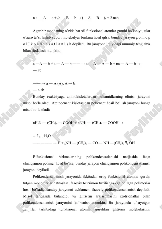 an o’zaro ta‘sirlanish reaktsiyasi susayadi va bu bosqichda polikondensatsiyalanish jarayoni to’xtaydi, faqat ayrim hollardagina oxirigacha boradi. shu bilan bir qatorda reaktsion aralashma birdania ikki qismga ajraladi; erimaydigan saqichsimon modda va eriydigan mahsulotdan iborat bo’ladi. saqichsimon moddadan eriydigan mahsulotni erituvchlar yordamida ekstraktsiya qilish yo’li bilan ajratib olinadi. reaktsion aralashmaning qismlarga (fazalarga) ajralish nuqtasini xarakterlaydigan kattalik (r) bilan ishoralanadi va uni r e a k ts i y a t u g a l l a n i sh i n i n g k r i t i k d a r a j a s i (rkr) deyiladi. saqichsimon moddaning erimasligi, uning tarkibidagi makrozanjirlarning o’zaro kimyoviy mustahkam bog’ hosil qilib bir – biri bilan tikilgan birlamchi molekulyar to’rdan iborat bo’lganligi uchun erituvchi molekulalari ularni bir – biridan ajrata olmaydi. saqichsimon moddaning hosil bo’lish nuqtasida molekulyar massaning o’rtacha soniy qiymati unchalik katta bo’lmay, o’rtacha vazniy qiymati cheksizlikka intiladi, ya‘ni yuqori molekulyar …
