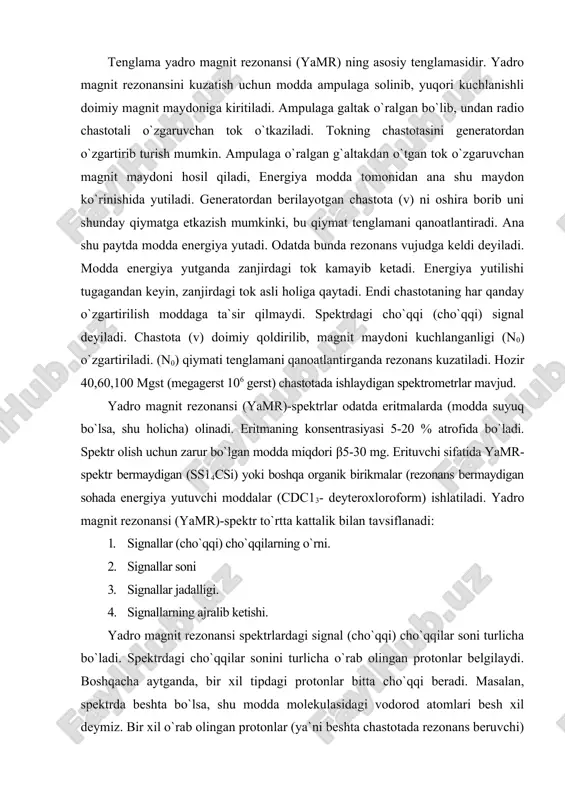 boshqa omillarga ham bog`liq, bo`lishi mumkin. shuning uchun ham odatda cho`qqi balandligini uning kengligiga ko`paytmasidan, ya`ni cho`qqi maydonini o`lchash usulida foydalaniladi. bu usul protonlar sonini aniq, topishga imkon beradi, yamr-spektrometrlarga maxsus elektron qurilmalar o`rnatilgan bo`ladi. uni integrator deyiladi. bu usulda topilgan protonlar jadalligiga integral jadalliklik deyiladi. integrator xuddi zinapoyaga o`xshash egri chiziq chizadi. sodda qilib bu «zina» balandligi cho`qqining kengligi bilan balandligi hisobga olingan holdagi balandligidir. zinalarning balandligi protonlar soniga proporstional. agar moddaning formulasi bo`lmasa, integral jadallikliklaridan foydalanib protonlar soni quyidagicha topiladi. noma`lum modda spektri integrator yordamida olinadi, ya`ni unda cho`qqilarning integral jadallikliklari keltirilgan bo`lsin. aytaylik, modda molekulasi o`ziga xos signallar beruvchi funkstional guruh (-c=o –h, -soon, sn3-so-) ga ega. odatda, guruhlar kuchsiz maydonda signal beradi. masalan, molekulada metoksi guruh bo`lsa uning qaerda rezonans berishi bizga ma`lum. shu signalning integral jadallikligi 1,5 katakka teng deylik. u holda integral jadallikligi 9,0 bo`lgan cho`qqika 6 ta proton to`g`ri keladi, boshqa cho`qqilar uchun …