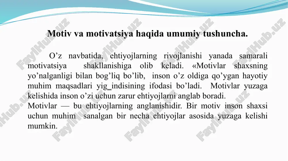 azifasini o’tashdan iboratdir. bu holatni o’quv faoliyatiga ko’chirish uchun quyidagi voqelikni izohlab berish ayni muddaodir. ma‘lumki, o’quvchi (o’smir) bilim dargohida ilm olishdan tashqari tengdoshlari jamoasi ichiga kirib boradi va hayotida qatnashadi, shu boisdan unda o’z o’rtoqlari, o’qituvchilarga nisbatan muayyan munosabat shakli vujudga keladi. uning o’quv faoliyatiga undovchi motivlari bilan bir qatorda boshqacha xususiyatli xulq-atvor motivlari ham mavjuddir, jumladan ijtimoiy motiv jamoa bilan bolish istagini anglatib, uning hayotida ishtirok etish xohishini o’zida aks ettiradi. o’quvchi va o’smirlar o’quv faoliyatining ijtimoiy motivlari ularning boshqa odamlar bilan muomalaga kirishish ehtiyoji bilan uzviy bog’liq bo’lib, ularni baholash, quvvatlash, tengdoshlari jamoasida muayyan joy egallash singari talablarda o’z aksini topadi. mazkur motivlaar o’quv faoliyatining mohiyati bilan bog’liq bo’lmay, balki unga yondosh yordamchi faktorlarni anglatadi. ammo ushbu motivlar o’quvchi va o’smir o’qishiga jiddiy turtki vazifasini bajaradi. image2.jpg image3.jpg image4.jpg image5.jpeg image6.jpg image7.png image8.jpg image9.png image10.jpg image11.jpg /docprops/thumbnail.jpeg