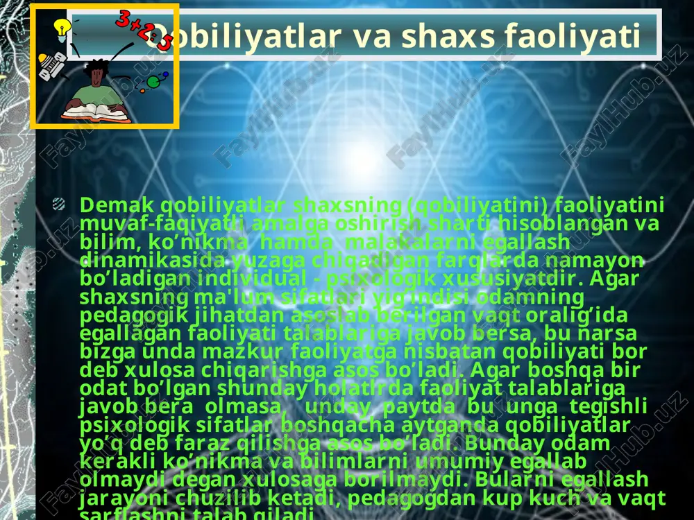 ta ahamiyatga ega bo‘lganlari yuksak nerv faoliyati tiplarini farq qiladigan alomatlardir, ya’ni qo‘zg‘alish va tormozlanish jarayonlarining quvvati, muvozanati va ildamligidir. shu sababdan odamning qobiliyat va iste’dodi unga tug‘ma xos bo‘lgan yuksak nerv faoliyati tipi bilan mahkam bog‘langan bo‘ladi. ammo yuqorida aytilganidek, nerv faoliyatining tug‘ma xos tipi sira o‘zgarmay, bir zaylda qoladigan narsa emas, u odamning yashagan sharoitiga bog‘liq holda o‘sadi, o‘zgaradi. shuning uchun ham yuksak nerv faoliyatining tug‘ma bo‘lgan tipini turlanish sharoiti ta’siri bilan vujudga kelgan tipdan ajrata bilish lozim.