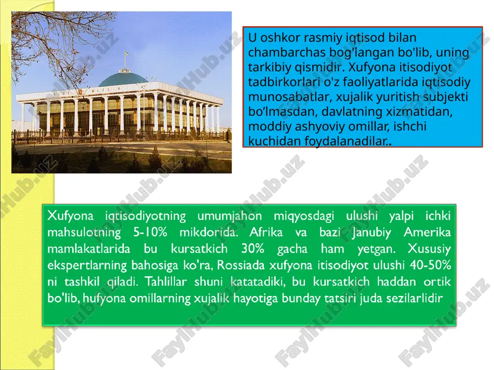 arning ma’lum texnologik koeffitsentlari asosida mahsulot ishlab chiqarishning real hajmi haqidagi ma’umotlarni olish imkonini beradi masalan, iste’mol qilinadigan elektr energiyasining dinamikasi va deklaratsiya qilinadigan mahsulot ishlab chiqarish dinamikasi to’g’risidagi ma’lumoylar taqqoslanadi texnologik koeffitsentlar usuli uy xo’jaliklari va korxonalar rahbarlari o’rtasida so’rov o’tkazish ; u xufyona iqtisodiyotning o’lchamiga eksport baxolarini beradi sotsiologik usul u xufyona bitimlar amalga oshiriladigan alohida me’yorlarni, ularning jamiyatda tarqanlganligi, bitimlarni tuzishda qanchalik qo’lanilishini taxlil qilishdan iborat 3. xufyona bozor institutsional tizim sifatida xufyona sektor bilan bog’liq eng katta havf-xatar – bu bozor konistitutsiyasidan keskin farq qiluvchi xatti-harakatlar va bitimlar tuzishning alohida me’yorlari shakilanishidir xufyona me’yorlarning asosida ularning amal qilish hududiy jihatdan va shaxslarning ma’lum doirasi tomonidan chegaralangan ijtimoiy mexanizmlar yotadi – qonunga bo’ysinish me’yorlarining mavjud emasligi, me’yorlarning ijtimoiy mansubligidan qat’i nazar barcha iqtisodiy sub’ektlarga amal qilishga imkon bermaydi mulkchilik huquqlarini tafsirlash va himoyalash bo’yicha davlatga muqobil institut sifatida mafiya haqida dastlabgi tilga olinishi feodalizmdan mayda va o’rta …