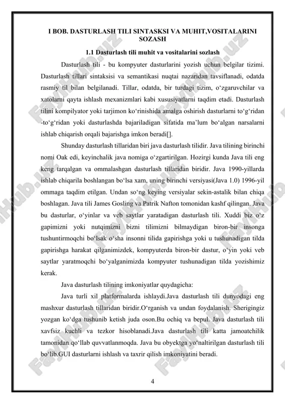 eytral bo‘lish va spetsifikatsiyaning amalga oshirishga bog‘liq jihatlari yo‘qligi java-ni portativ qiladi. java-dagi kompilyator ansi c-da posix kichik toyplami bo‘yalgan toza portativlik chegarasi bilan yozilgan. mustahkam − java asosan kompilyatsiya vaqtidagi xatolarni tekshirish va ish vaqtini tekshirishga eytibor qaratib, xatolarga moyil vaziyatlarni bartaraf etishga harakat qiladi. multithreaded - java-ning ko‘p tarmoqli xususiyati bilan bir vaqtning o‘zida bir nechta vazifalarni bajara oladigan dasturlarni yozish mumkin. ushbu dizayn xususiyati ishlab chiquvchilarga muammosiz ishlashi mumkin bo‘yalgan interaktiv ilovalarni yaratishga imkon beradi. interpreted - java bayt ko‘di tezda mahalliy mashina ko‘rsatmalariga tarjima qilinadi va hech qanday joyda saqlanmaydi. rivojlanish jarayoni tezroq va analitikdir, chunki ulanish bosqichma-bosqich va engil jarayondir. yuqori unumdorlik - just-in-time kompilyatorlaridan foydalangan holda java yuqori ishlash imkonini beradi. taqsimlangan - java internetning taqsimlangan muhiti uchun mo‘jallangan. dinamik - java c yoki c++ ga qaraganda dinamikroq hisoblanadi, chunki u rivojlanayotgan muhitga moslashish uchun mo‘jallangan. java dasturlari ish vaqtida obyektlarga kirishni tekshirish va …