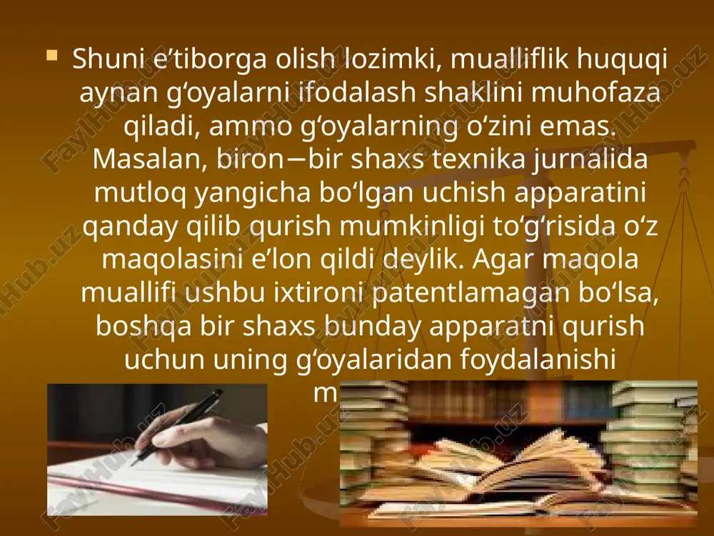 hartnoma tuzmagan holda foydalanish dеb hisoblanadi. qonunchilikka asosan turdosh huquqlardan foydalanish to’g’risidagi shartnomani bajarmagan yoki lozim darajada bajarmagan yoхud asardan shartnoma tuzmagan holda g’ayriqonuniy ravishda foydalangan shaхs shartnomani bajarmaganlik yoki lozim darajada bajarmaganlik uchun javobgarlik to’g’risida umumiy qoidalarga muvofiq javobgar bo’ladi. muallif unga mualliflik huquqini buzish natijasida yеtkazilgan ma’naviy ziyonni undirishni talab qilishga haqli. ma’naviy ziyonni aniqlashda jabrlanuvchining jismoiny va ruhiy qiynalishlari, хususan, jabrlanuvchining shaхsiy azoblari inobatga olinishi kеrak. ma’naviy ziyonning miqdori sud tomonidan bеlgilanadi. etiboringiz uchun raxmat. image1.jpeg image2.jpeg image3.jpeg image4.jpeg image5.jpeg image6.jpeg image7.png
