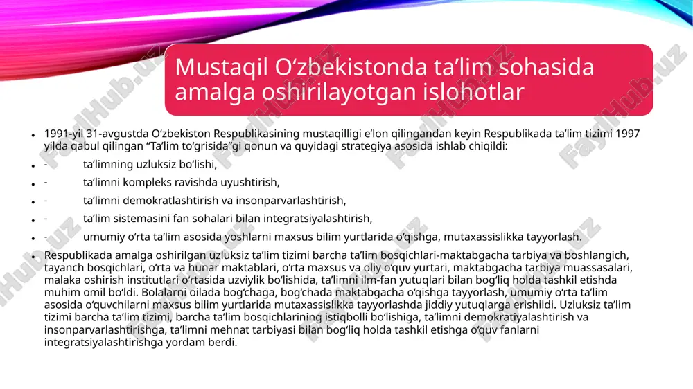 a olib keldiki, talabalarda mustaqil fikrlash rivojlanmay qolyapti, oqilona hayotiy echimlar qabul qilish uchun etarli tayyorgarlik yo‘q. 9–11 sinflarni tamomlagan yoshlar mustaqil hayotda o‘z o‘rnini aniqlay olmaydi. ularda o‘zlariga ishonch shakllangan emas. o‘rta maktab bitiruvchilarining 10% gina oliy o‘quv yurtlariga kirmoqda, xolos. majburiy 9 yillik ta’limga asoslangan 11 yillik o‘rta ta’lim ilmiy asoslanmagandir, u talabalarda kasbga yo‘naltirish va ta’limning amaliy yo‘nalganligi yetarli darajada bo‘lishi hamda mustaqil fikr yuritish, mexnat faoliyati ko‘nikmalari shakllanishini tahminlamayapti. har yili tayanch maktablarining 100 ming nafarga yaqin bitiruvchisi ishlab chiqarish sohasida hamda kasb-hunar ta’limini davom ettirish uchun talab etilmay qoldirilmoqda. mustaqqillik yillarida pedagogik fikrlar rivojining asosiy yo‘nalishlari. mustaqillik e’lon qilingan (1991 yil 1 sentyabr) dastlabki yillardanoq. o‘zbekiston hukumati ta’limga ustivor soha sifatida e’tibor berib kelmoqda. o‘zbekiston respublikasining ta’lim sohasida aniq va ravshan hamda ilmiy asoslangan davlat siyosati mavjud bo‘lib, u insonparvarlik va demokratik tamoyillarga asoslanadi hamda har bir fuqaroning bilim olishi o‘zbekiston respublikasi konstitutsiyasida qonuniylashtirilgan. mustaqil …