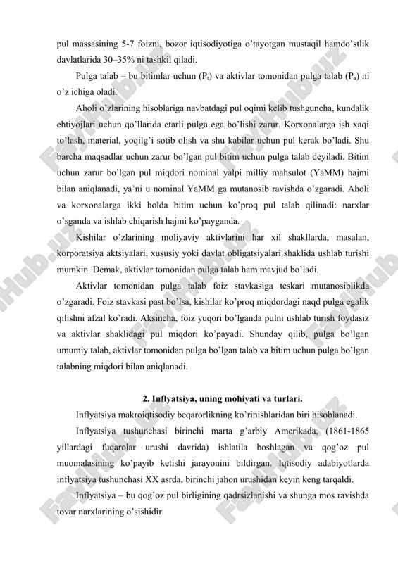lsa, inflyatsiya sur’ati quyidagicha bo’ladi. kelib chiqish sabablari va o’sish sur’atlariga qarab, inflyatsiyaning bir qancha turlari mavjud. i. talab inflyatsiyasi. narx darajasining an’anaviy o’zgarishi jami talab ortiqchaligi bilan tushuntiriladi. iqtisodiyotning ishlab chiqarish sohasi mahsulotning real hajmini ko’paytirib ortiqcha talabni qondira olmaydi. chunki barcha mavjud resurslar to’liq foydalanilgan bo’ladi. shu sababli bu ortiqcha talab narxning oshishiga olib keladi va talab inflyatsiyasini keltirib chiqaradi. ii. taklif inflyatsiyasi. inflyatsiya ishlab chiqarish xarajatlari va bozordagi taklifning o’zgarishi natijasida ham kelib chiqishi mumkin. ishlab chiqarish xarajatlarining o’sishi keltirib chiqadigan inflyatsiya, mahsulot birligiga qilinadigan xarajatlarning ko’payishi hisobiga narxlarning oshishini bildiradi. mahsulot birligiga ishlab chiqarish xarajatlarining ortishi iqtisodiyotda foydani va mahsulot hajmini qisqartiradi. natijada tovarlar taklifi ham qisqaradi. bu o’z navbatida narx darajasini oshiradi. ishlab chiqarish xarajatlari nominal ish haqi, xom ashyo va energiya narxlarining o’sishi hisobiga ortib boradi. inflyatsiyaning a) me’yoridagi; b) o’rmalab boruvchi v) giper inflyatsiya kabi turlari ham mavjud. inflyatsiyaning birinchi turida baholar yiliga …