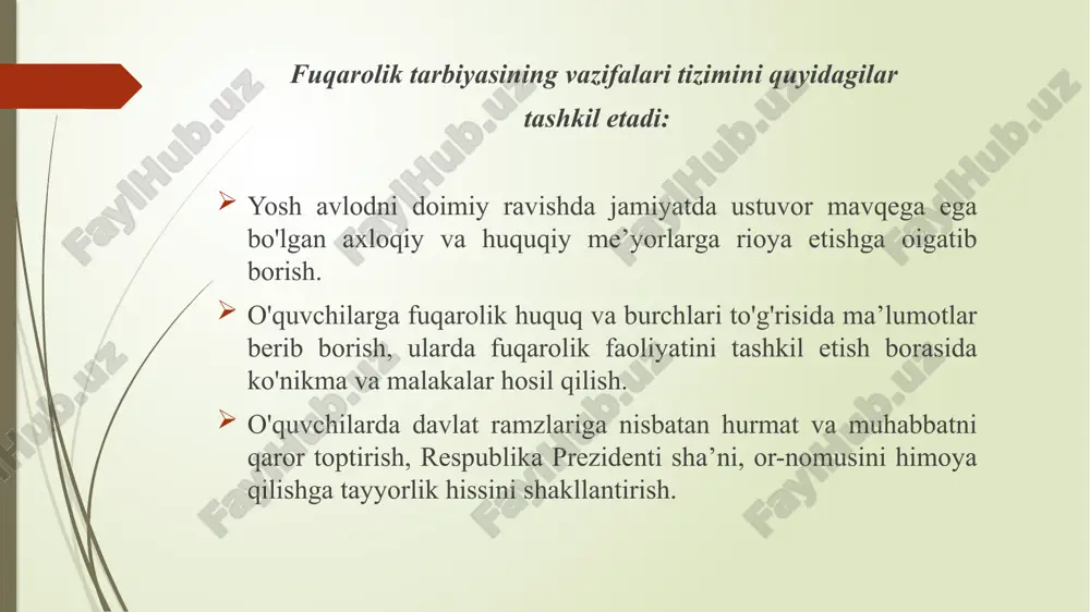 lda o‘quv-tarbiya ishlarini tashkil etish alohida muhim masalalardan bo‘lib turibdi. hayotga qadam qo‘yuvchi har bir o‘smir o‘z respublikasining qomusini bilishi, unga amal qilishi kerak. o‘quvchi va yoshlarda o‘zbekiston respublikasi madhiyasi, gerbi va bayrog‘iga nisbatan chuqur hurmatni tarbiyalash ishlarimizning uzviy qismini tashkil etadi. huquqiy tarbiyani muvaffaqiyatli hal etish uchun har bir maktab, kollej, litsey o‘z o‘quvchi va talabalariga davlat ramzlarining tub mohiyatini ochib ko‘rsatishlari va ular haqidagi nizomlarni puxta o‘rganishlarini tashkil etishlari zarur. davlat hokimiyatining ramzlari o‘zining mohiyati jihatidan huquq bilan bog‘liq bo‘lib, muhim tarbiyaviy mazmunga ega. o‘zbekiston davlat gerbi, bayrog‘i, madhiyasi mamlakatimizdagi barcha millat va elatlar birligi, do‘stligi va qardoshligining ramzlari hisoblanadi. bundan ko‘rinib turibdiki, davlat ramzlari juda boy, siyosiy-ma’naviy davlat tushunchalariga egadir. ularning mazmunlari bilan o‘quvchi va yoshlarni tanishtirish pedagogik jamoalarning muhim burchidir. 3.o‘quvchilarni vatanparvarlik va baynalmilal ruhda tarbiyalash. «vatan atamasi aslida arabcha so‘z boiib, ona yurt ma’nosini bildiradi. vatan tushunchasi keng va tor ma’noda qoilaniladi. bir xalq vakillari …