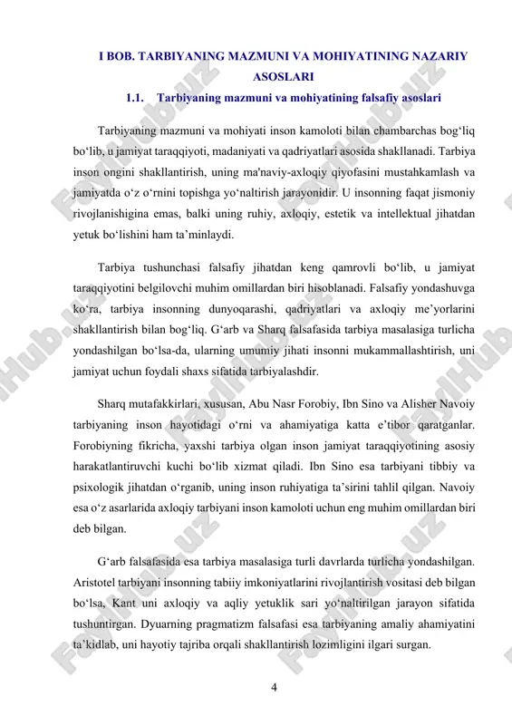 biri bo‘lib, uning mohiyati jamiyat va shaxs rivoji bilan uzviy bog‘liq. tarbiya orqali insonning aqliy, ma’naviy va jismoniy yetukligi shakllanadi, uning dunyoqarashi kengayadi, axloqiy qadriyatlari mustahkamlanadi. falsafiy nuqtayi nazardan qaraganda, tarbiya inson ongining shakllanishi, uning jamiyatdagi o‘rnini anglash va ijtimoiy hayotga moslashish jarayonidir. tarbiya insoniyat tarixida turli falsafiy yo‘nalishlar tomonidan turlicha izohlangan. sharq falsafasida tarbiya insonni komillikka yetaklovchi asosiy vosita sifatida qaraladi. masalan, abu nasr forobiy ilm va tarbiyani bir butun jarayon sifatida tushuntirgan bo‘lsa, alisher navoiy axloqiy tarbiyaning inson hayotidagi o‘rniga alohida e’tibor qaratgan. 1.2. tarbiya jarayonida inson kamoloti va axloqiy yetukligi inson kamoloti va axloqiy yetukligi tarbiya jarayonining eng muhim jihatlaridan biridir. tarbiya insonning faqat bilim va ko‘nikmalarini shakllantirish bilan cheklanmay, balki uning axloqiy, ma’naviy va ruhiy jihatdan yetuk bo‘lishini ham ta’minlaydi. tarbiya insonni yaxshilik, adolat, vatanparvarlik, insonparvarlik kabi fazilatlarga yo‘naltirish orqali uning komillikka erishishiga xizmat qiladi. kamolot tushunchasi falsafiy nuqtayi nazardan insonning doimiy o‘z ustida ishlashi, ma’naviy …