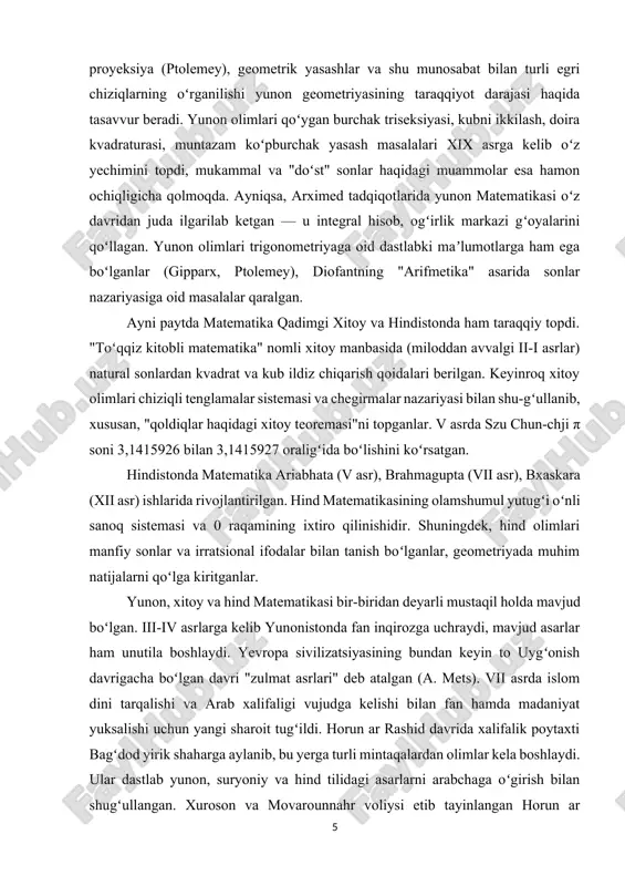 asr), brahmagupta (vii asr), bxaskara (xii asr) ishlarida rivojlantirilgan. hind matematikasining olamshumul yutugʻi oʻnli sanoq sistemasi va 0 raqamining ixtiro qilinishidir. shuningdek, hind olimlari manfiy sonlar va irratsional ifodalar bilan tanish boʻlganlar, geometriyada muhim natijalarni qoʻlga kiritganlar. yunon, xitoy va hind matematikasi bir-biridan deyarli mustaqil holda mavjud boʻlgan. iii-iv asrlarga kelib yunonistonda fan inqirozga uchraydi, mavjud asarlar ham unutila boshlaydi. yevropa sivilizatsiyasining bundan keyin to uygʻonish davrigacha boʻlgan davri "zulmat asrlari" deb atalgan (a. mets). vii asrda islom dini tarqalishi va arab xalifaligi vujudga kelishi bilan fan hamda madaniyat yuksalishi uchun yangi sharoit tugʻildi. horun ar rashid davrida xalifalik poytaxti bagʻdod yirik shaharga aylanib, bu yerga turli mintaqalardan olimlar kela boshlaydi. ular dastlab yunon, suryoniy va hind tilidagi asarlarni arabchaga oʻgirish bilan shugʻullangan. xuroson va movarounnahr voliysi etib tayinlangan horun ar rashidning oʻgʻli maʼmunning ilmparvarligi tufayli marvga oʻrta osiyolik olimlar yigʻila boshlaydi. 813-yilda xalifalikka oʻtirgan maʼmun marvdagi olimlar toʻgaragini bagʻdodga …