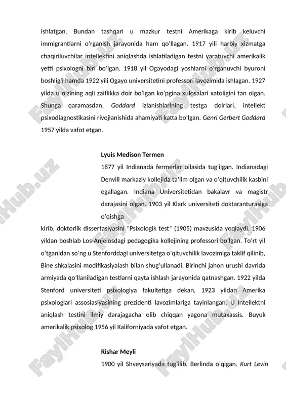 n mashhur kitoblarning avtori. institutni 6 yil boshqargandan so’ng vernsk universitetida professor lavozimida ishlay boshlagan. 1930 yildan intellekt omilini o’rganish bilan shug’ullangan. oxirgi izlanishlari asosida (1981) intellek bo’yicha to’rtta fundamental omil borligini va ular olti yoshda turg’in holatda paydo bo’lishini aniqlagan. o’zining longityud tekshirishlarini (1959) xarakterlangan qirralarning birlamchi elementlarini topishga bag’ishlagan. 1963 yil intellektga atrof-muhitni ta’siri haqidagi tekshirishlari natijasi chop etilgan. bundan tashqari u intellekt bilan o’qishda jarayonidagi muvaffaqiyatga erishishlarning o’zaro bog’liqligi muammosini ochishga harakat qilgan. u 1984 yil vafot etgan. florens laura gudinaf 1886 yil aqshda tug’ilgan. doktorlik unvonini l.termen rahbarligida stenford univesitetida 1924 yil olgan. shundan so’ng uning psixologiya mutaxassisi sifatidagi karyerasi minnesots univesitetida boshlanadi. u yerda bolalar tomonidan chizilgan rasmlarni tahliliga asoslangan intellektni o’lchash shkalasini chop etgan. test katta mashhurlik keltirib o’z mavqyeini ko’p yillar davomida saqlab turgan.1950 yilga kelib, deyl xarris bu testga ma’lum ma’nodagi o’zgarishlar va qo’shimchalarni kiritgan (gudinaf – xarris nomi bilan mashhur rasm …