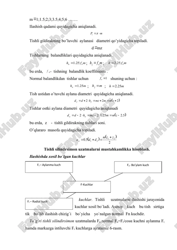 hlash jarayenida, ya’ni uzatma detallarni tayyorlashda (qayta ishlashda), yig`ishda yo`l qo`yilgan noaniqliklar, shuningdek vallarning, tishli g`ildiraklarning elastik defo`lasiyasi natijasida yuklanishlar notekis taqsimlanadi. tishli g`ildiraklarni ishlashdagi noaniklar natijasida qo`shimcha kuchlanishlar hosil bo`ladi. hisobiy kuchlanish qiymata shu qo`shimcha kuchlanishlar qiymatini hisobga olgan holda aniqlanadi. bu qo`shimcha kuchlanishdarning qiymati alohida olingan qo`shimcha kuchlanishlar kiymatining ko`paytmasi sifatida hisobga olinadi, ya’ni k=kβ·kυ·kα bu yerda: k-yuklanish koeffisiyent; kß-yuklanish tish eni bo`yicha notekis taqsimlanishini hisobga oluvchi koeffisiyent; kυ-qo`shimcha dinamik kuchlarni hisobga oluvchi koeffisiyent: kα-kuchlanishi tishlararo notekis taqsimlanishi hisobga oluvchi koeffisiyent. koeffisiyentlardagi «β» indeks uzatma g`ildirak tishlarining ilashish jarayenida β burchakka og`ishi tufayli yuklanishning notekis taqsimlanishi belgilovchi shartli belgi; «υ»-indeks uzatma katta tezlik bilan haraktlanganda aniklik darajasi kichik bo`lgan uzatmalarda bo`lgan qo`shimcha dinamik kuchlanishlarni belgilovchi shartli belgi; «α» - esa tishli g`ildiraklar o`zaro ishlaganda ilashish burchagining o`zgarishi natijasi hosil bo`lgan qo`shimcha kuchlanishlarni belgilovchi shartli belgi. tishli g`idiraklarni kontakt kuchlanishga chidamligi hisoblanganda yuklanish koeffisiyentining indeksi «n» harf (kontakt kuchlanishlarga …