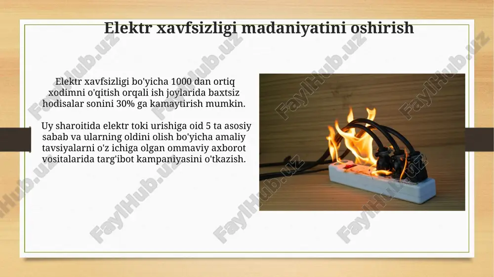 aqtning o'zida ishlatish elektr tarmog'ining haddan tashqari yuklanishiga va yong'in xavfiga olib kelishi mumkin. 220 вольтлик uy elektr tarmoqlarida ishlaganda, har doim himoya vositalaridan, masalan, izolyatsiyalangan qo'lqop va poyabzallardan foydalaning, chunki yuqori kuchlanish elektr toki urishi xavfini oshiradi. elektr toki urishi oqibatlari yuqori kuchlanishli elektr toki urishi chuqur kuyishlar, mushaklarning shikastlanishi va hatto amputatsiyaga olib kelishi mumkin, shikastlanish darajasi tok kuchiga bog'liq. elektr toki urishi nafas olishning to'xtashiga va miya shikastlanishiga olib kelishi mumkin, 100 ma dan ortiq tok kuchi og'ir oqibatlarga olib keladi. elektr yong'inlari va ularning oldini olish elektr simlarining aşınması yoki noto'g'ri ulanishi 80% gacha elektr yong'inlariga sabab bo'ladi, shuning uchun muntazam tekshiruv va sifatli ta'mirlash ishlari muhimdir. elektr jihozlarini ishlatishdan oldin ularning izolyatsiyasini tekshirish, shikastlangan simlarni almashtirish va 2-3 yilda bir marta elektr tizimini professional tekshiruvdan o'tkazish yong'in xavfini sezilarli darajada kamaytiradi. elektr xavfsizligi bo'yicha mutaxassislar mutaxassislarning 85% dan ortig'i iec 60364 xalqaro standartlari va o'zbekiston …