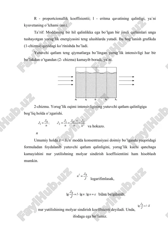 h uchun olingan hajm (o’lchov pipetkasining hajmi) vk - tahlil qilinayotgan eritmaning umumiy hajmi (o’lchov kolbasi hajmi) usulning cheklanganligi shundaki, eritma konsentrasiyasi bugerlambert-ber qonuniga bo’ysunadigan chegarada tayyorlanadi. 3. standart taqqoslash usuli. bu usulda ε -const va l-const bo’lganda standart va noma`lum eritmalarning optik zichliklari o’lchanib, tenglama tenglashtirib o’zgarmas qiymatlar tashlab yuboriladi, tahlil qilinayotgan eritma suyultirish usuli bilan tayyorlangan bo’lsa, modda miqdorini gramm yoki mg. da ifodalanadi. gx = cx * v0* vk / va gx - aniqlanuvchi modda miqdori, mg. v0 - optik zichligi o’lchanayotgan rangli eritma hajmi, ml. vk - tahlil qilinayotgan eritmaning umumiy hajmi (o’lchov kolbasi hajmi), ml. va (alikvot) - rangli eritma tayyorlash uchun olingan eritma hajmi, ml. refraktometrik tahlil usuli. refraktometrik tahlil usuli tahlil qilinadigan moddalarning nur sindirish ko’rsatkichining o’lchanishiga asoslangan. har qanday toza modda ma`lum bir nur sindirish ko’rsatgichiga ega. nur sindirish ko’rsatgichini qiymatiga qarab, moddalarning tozalik darajasi aniqlanadi. yorug’lik yo’nalishining bir muhitdan ikkinchi muhitga …
