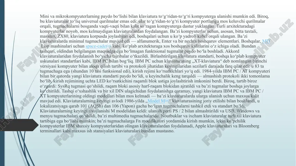torda, shuningdek o'ngdagi kichik kvadratchada joylashgan. ikkinchisi jadval bilan operatsiyalarni hisoblash uchun ishlatiladi. yuqoridagi ikkinchi qatorda va o'ngdagi 7 ta harfda raqamlardan tashqari, turli xil belgilar berilgan. ularni qanday belgi kerakligiga qarab shift + raqami va shift + alt + raqamlar kombinatsiyasini ushlab turish orqali matnga kiritish mumkin. shunday qilib, birinchi kombinatsiya chap belgini olish uchun ishlatiladi, ikkinchisi esa to'g'ri. user (u) - tahrirlash tugmachalariga space, backspace, delete va insert xizmatlari kiradi. ularning maqsadi foydalanuvchiga yozilgan matnni yozishda va tuzatishda faol yordam berishdir. bo'sh joy bu ularning eng uzuni bo'lib, u doimo kompyuterning pastki qismida joylashgan. ism maqsadni aks ettiradi - belgilar o'rtasida bo'sh joy qoldirish. orqaga qaytarish - o'ng burchakdagi kichik cho'zilgan tugma. yozilgan so'zni yoki belgini o'chirishga imkon beradi. matn tashqarisida internetdagi oldingi sahifaga qaytishga yordam beradi. o'chirish - sichqonchaning o'ng tomonidagi belgilarni o'chirishga qaratilgan kalit. bundan tashqari, rasmlarni keraksiz fayllar bilan o'chirishga imkon beradi. kiritmoq - har …