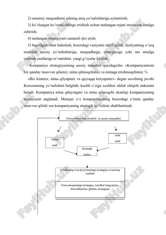 gan rivoji va kuchaygan raqobat kurashiga javob berish; strategiya - bu faqatgina menejerlar avvalroq o’ylab chiqqan xarakatlar emas , balki kutilmagan vaziyatlarda kiritilshi lozim bo’lgan to’zatishlardir . strategiyani ishlab chiqish uchun tadbirkorlik istedodi va fikrlashning strategik tarzi bo’lishi kerak. strategiyani ishlab chiqish maxorati menejerning tadbirkorlik istedodiga bogliq. menejerning tadbirkorlik maxoratini belgilash mezoni uning yangi strategik imkoniyatlarni ko’ra bilishi va yangiliklarga o’chliligidir.tadbirkorlik istedodiga ega bo’lgan menejerlar odatda birinchi qaldirgochlar bo’ladilar.ular yangiliklarni tez o’zlashtirib oladilar, tavakkalchi bo’ladilar va keskin yangi strategiyalar yaratadilar. kompaniya strategiyasiga to’zatishlar kiritish meyordagi oddiy holat xisoblanadi. ba’zan strategiyaga o’zgartirish kiritish zarur bo’lib qoladi. kamdan‑kam xollardagina kompaniya strategiyasi vaqt sinovidan o’ta oladi. strategiyani qanday qilib yaxshilash mumkin, degan savol menejerni xech qachon tark etmasligi lozim. shuning uchun strategiyani ishlab chiqish dinamik jarayondir. kompaniya strategiyasi qator savollarga javoblardan iborat bo’ladi. bu savollar quyidagilardan iborat: · ishniqanday rivojlantirish kerak? · mijozlarniqandayqilib qanoatlantirish kerak? · raqiblardan qanday qilib o’zib ketish mumkin? · …