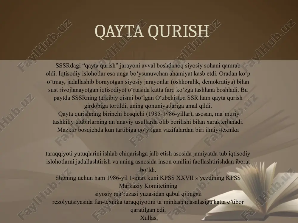 ishning aniq muammolaridan va qiyinchiliklaridan qidirish lozimligi taʼkidlandi. “javobgar” xalq “paxta ishi” uydirmalari boshlangan vaqtda xalq xo‘jaligida “jinoiy ishlarga qo‘l urgan” xodimlar javobgarlikka tortilib, ular xalq xo‘jaligida “qo‘shib yozishlarga” yo‘l qo‘yganlikda ayblandilar. qo‘shib yozishlarni tekshirishdan boshlangan tergov guruhining faoliyati asta-sekinlik bilan rahbarlik lavozimida ishlayotgan kishilarni ham torta boshladi. “paxta ishi”, “o‘zbeklar ishi” nomini olib kelgan qatag‘onga keyinroq milliy tus berilib, to‘liq “o‘zbeklar ishi”ga aylantirildi. natijada mahalliy rahbar xodimlar, ziyolilar ham taʼqib ostiga olina boshladi. o‘zbekistondagi bu holatlar haqida markaziy matbuot sahifalarida shunchalik ko‘p maqolalar chop etildiki, ulardan “xalqimizning tarixi, madaniyati, paxta va paxtakorning mashaqqatli mehnatlaridan bexabar odamlarda go‘yo, o‘zbeklar turli nopok yo‘llar bilan daromad orttirib, yengil-yelpi hayot kechiradi”, degan noto‘g‘ri tasavvur tug‘ilishiga sabab bo‘ldi. farg‘ona voqealari. 1989-yil o‘rtalarida respublika ijtimoiy-siyosiy hayotidagi o‘zgarishlar. 1989-yil may-iyun oylarida farg‘ona viloyatidagi millatlararo mojarolar respublikadagi siyosiy vaziyatning keskin tus olishiga olib keldi. respublikaning o‘sha paytdagi o‘zbekiston kompartiyasining sobiq birinchi kotibi rafiq nishonov boshchiligidagi siyosiy rahbariyati …
