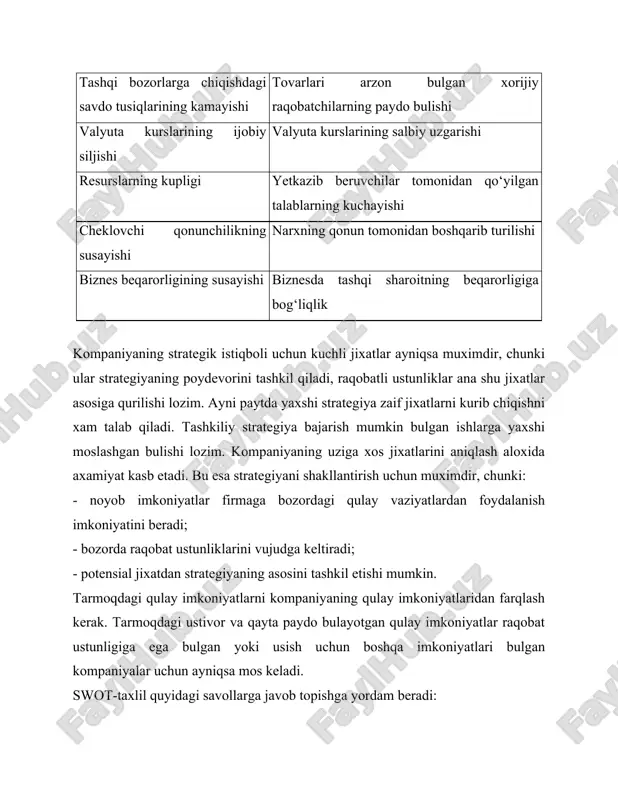 dagi farqlar; - ishlab chiqarish birliklarining kattaligi turlicha bulganligi, ishlab chiqarishning kumulyativ ta’siri, ishlab chiqarish unumdorlik darajalari, turli soliq sharoitlari, ishlab chiqarishni tashkil qilish darajasi va xokazolar tufayli ichki tannarxlardagi farqlar; - inflyatsiya va valyuta kurslarining uzgarishiga kuchli bog‘liqlik; - transport xarajatlaridagi farqlar; - taqsimot kanallariga sarflanadigan xarajatlardagi farqlar. strategik qiymatli taxlilda asosiy e’tibor firmaning uz raqiblariga nisbatan qiymat pozitsiyasiga qaratiladi. bunday taxlilning birlamchi taxliliy yondashuvi qiymat zanjirini yasash bulib, ushbu zanjir xom ashyodan pirovard iste’molchilarning narxlarigacha bulgan qiymat manzarasini aks ettiradi (4.2-jadval). ushbu jadval xarakatlar/xarajatlar zanjirida raqobatchi firmalar bir-biridan eng katta farq qiladigan uchta asosiy soxa borligini kursatadi: ta’minot soxasi, taqsimot kanallarining ilg‘or qismlari, kompaniyaning uz ichki faoliyati. agar firma zanjirning orqa yoki oldingi qismlarida raqobatbardoshlikni kuldan boy bersa, u raqobatbardoshlikni tiklash maqsadida uz ichki xatti-xarakatlarini uzgartirishi mumkin. xatti-xarakatlarning soxalar buyicha qiymat zanjiri. qiymat bushliqlari asosan zanjirning orqa qismida yotsa, firma quyidagi olti xil strategik xatti-xarakatlarni amalga oshirishi mumkin: …