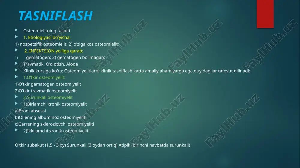 rak bo'ladi. ajralib turadigan sekvestrlarning mavjudligi tiklanish jarayonining surunkali shaklga o'tishini ko'rib chiqadi. sekvestrlarning turlari: kortikal (kortikal) - periosteum ostida nozik suyak plastinkasining nekrotizatsiyasi bilan. markaziy-suyakning endostal yuzasining nekrozida. penetratsion-nekroz bilan suyakning cheklangan qismida ixcham qatlamdan butun qalinroq. total-uning atrofida, ba'zan suyak bo'ylab quvurli suyakning nekrotizatsiyasi bilan. dairesel (koronal) - butun doira bo'ylab diaphiz nekrozi bilan, lekin uzunligi kichik bir sohada (tor halqa shaklida sekvestr). spongy - uzoq quvurli yoki tekis suyaklarning shimgichni to'qimasini nekroz bilan. ko'pincha markaziy, kortikal va penetratsion sekantrlar mavjud. sekvestr suyak bo'shlig'ida yoki undan tashqarida to'liq yoki qisman bo'lishi mumkin, yumshoq to'qimalarda, suyak bo'shlig'i atrofidagi sekretsiya bilan birga, sekvetral kapsül (quti) hosil bo'ladi, uning ichida odatda sekans va yiring mavjud; kapsulaning ichki devorlari granulalar bilan qoplangan. tasdiqlash ko'pincha mrt bilan sodir bo'ladi. t2 ketma-ketligida ko'tarilgan signal sifatida tashxis qo'yilgan shishning mavjudligi sezgir, ammo o'ziga xos emas, chunki shish qo'shni selülitga javoban paydo bo'lishi mumkin. t1 ketma-ketligini …