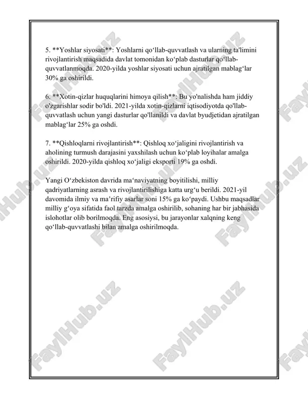 tchilikka yetkazib beriladi. 7. **raqamli texnologiyalar orqali madaniy merosni saqlash va targʻib qilish**: soʻnggi yillarda raqamli texnologiyalar yordamida milliy merosning virtual muzeylari yaratilmoqda. bu global miqyosda oʻzbekiston madaniyatini koʻrsatish va kelajak avlodlar uchun saqlash imkonini beradi. 8. **qishloq xoʻjaligi va anʼanaviy turmush tarzi**: anʼanaviy dehqonchilik usullari, xalq ovqatlari va oshpazlik sanʼati ham oʻziga xos madaniy meros hisoblanadi. ushbu sohalarda ham o‘ziga xos kelajak rejalari va dasturlar ishlab chiqilgan. milliy oshxona festivallari va oʻnlab yangi anʼanaviy oilaviy tadbirlar kelajak avlodlarga milli oʻzlikni namoyon qilish imkonini beradi. ushbu yo‘nalishlardan ko‘rinib turibdiki, oʻzbekistonda milliy anʼanalarni qayta tiklash va rivojlantirishga oid keng koʻlamli ishlar rejalashtirilgan va amalga oshirilmoqda. bu yoʻnalishdagi ishlar mamlakatning madaniy boyligini saqlab qolish va rivojlantirishda katta ahamiyatga ega. 3. yoshlarning maʼnaviy tarbiyasi va roli yoshlarning ma'naviy tarbiyasi, ular jamiyatning ajralmas qismi sifatida shakllanishida muhim omil hisoblanadi. yoshlarning ma'naviy tarbiyasini rivojlantirish uchun turli tizimli yondashuvlar, amaliyotlar va statistik ma'lumotlar mavjud. avvalambor, yoshlarning …