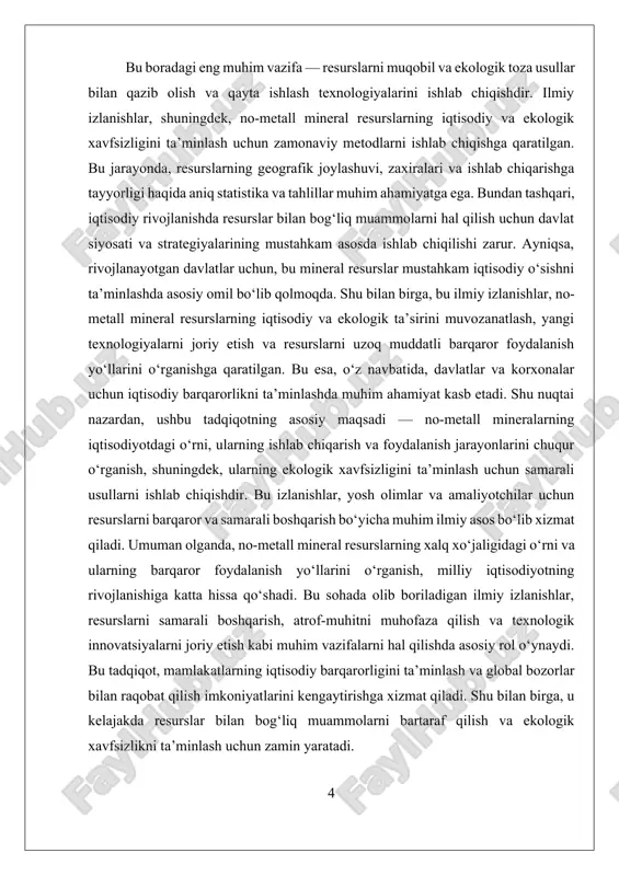 joylashuvi, qazib olish usullari va ularning ishlab chiqarishga ta’siri muhim ahamiyatga ega. ularning geologik joylashuvi, odatda, katta miqdordagi mineral resurslarni tashkil etadigan joylarda joylashgan bo‘ladi. bu joylar, odatda, er osti va er usti qazib olish uchun mos bo‘lib, qazib olish texnologiyalarining rivojlanishi bilan bu joylar kengaymoqda. masalan, gips va tuz konlari odatda, ko‘p hollarda, qatlamli joylashgan bo‘lib, qazib olish uchun ochiq yoki yer osti usullari qo‘llaniladi. nomoʻmetal mineralarning xossalarini o‘rganishda, ularning texnologik xususiyatlari, ya’ni maydalash, tozalash va aralashtirish jarayonlari ham muhimdir. bu jarayonlar, ularning sifatini va foydalanish imkoniyatlarini belgilaydi. masalan, gipsni tozalash va aralashtirish jarayonida, uni qattiqlashtirish va yopishqoqligini oshirish uchun turli kimyoviy moddalar qo‘llaniladi. bu jarayonlar, shuningdek, ekologik muammolarni ham keltirib chiqaradi, shuning uchun, ularni ekologik xavfsiz qilish uchun zamonaviy texnologiyalar ishlab chiqilmoqda. nomoʻmetal mineralarning xossalarini o‘rganishda, ularning ishlab chiqarishdagi roli va iqtisodiy ahamiyati katta ahamiyatga ega. ular, asosan, qurilish, kimyo, oziq-ovqat va energetika sohalarida keng qo‘llaniladi. masalan, gips …
