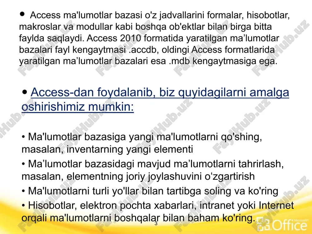r qiladi. jadval dizayn ko'rinishida ochiladi va uning xususiyatlari jadvalning xususiyatlar varag'ida o'rnatiladi. masalan, jadval sukut bo'yicha qanday ko'rsatilishini belgilash uchun jadvalning "default view" xususiyatini o'rnatish mumkin. table mulkasi jadval va maydon xossalari 13 maydon xususiyati maydon xarakteristikalaridan birini yoki maydon xatti-harakatlarining jihatini belgilaydi va ma'lumotlar jadvali ko'rinishi orqali jadvalning ma'lum bir maydoniga qo'llaniladi. maydon xususiyatlari panelidan foydalanib, dizayn ko'rinishida istalgan maydon xususiyatini ham o'rnatish mumkin. dala mulk 14 qaysi turdagi ma'lumotlarni saqlashi mumkinligini aniqlaydigan maydonning xarakteristikasi. masalan: ma'lumotlar turi matn bo'lgan maydon matn yoki raqamli belgilardan iborat ma'lumotlarni saqlashi mumkin, lekin raqam maydoni faqat raqamli ma'lumotlarni saqlashi mumkin. 15 saralash va filtrlash guruhi ma'lumotlarning kichik to'plamini ko'rsatish yoki ma'lumotlarni saralash uchun ma'lumotlarga qo'llaniladigan mezonlar to'plami. access-da ma'lumotlarni filtrlash uchun siz tanlash bo'yicha filtrlash va shakl bo'yicha filtrlash kabi filtrlash usullaridan foydalanishingiz mumkin. masalan : tegishli menyu buyruqlarini bosish orqali faqat tug'ilgan kuni ma'lum bir oyga to'g'ri keladigan odamlarning yozuvlarini …