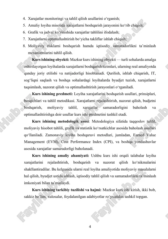 yangi mahsulotlar yoki xizmatlar ishlab chiqiladi, tizimlar yaratiladi yoki joriy etiladi. shu sababli, loyiha menejmenti hozirgi kunda ko‘plab sohalarda, jumladan, qurilish, axborot texnologiyalari, sog‘liqni saqlash, ta’lim, sanoat va xizmat ko‘rsatish sohalarida keng qo‘llaniladi. loyiha boshqaruvi – bu loyiha maqsadlariga erishish uchun zarur bo‘lgan bilim, ko‘nikma, uslub va vositalarni qo‘llash jarayonidir. loyiha boshqaruvi quyidagi bosqichlardan iborat bo‘ladi: tashabbus ko‘rsatish, rejalashtirish, amalga oshirish, monitoring qilish va yakunlash. har bir bosqichda alohida yondashuvlar va qarorlar zarur bo‘ladi. loyiha rejasini ishlab chiqishda maqsadlar aniqlanadi, vazifalar belgilab olinadi, muddatlar belgilanadi, zarur resurslar baholanadi va risklar hisobga olinadi. reja qanchalik aniqlik bilan tuzilsa, loyiha muvaffaqiyatli amalga oshirilish ehtimoli shunchalik yuqori bo‘ladi. loyihani boshqarishning eng muhim jihatlaridan biri – bu uning moliyaviy jihatlarini nazorat qilish, ya’ni xarajatlarni boshqarishdir. xarajatlarni boshqarish deganda loyiha davomida pul mablag‘larini rejalashtirish, taqsimlash, nazorat qilish va tahlil qilish tizimi tushuniladi. xarajatlarni boshqarishning asosiy maqsadi — resurslardan eng maqbul darajada foydalanib, belgilangan byudjetdan ortiqcha …