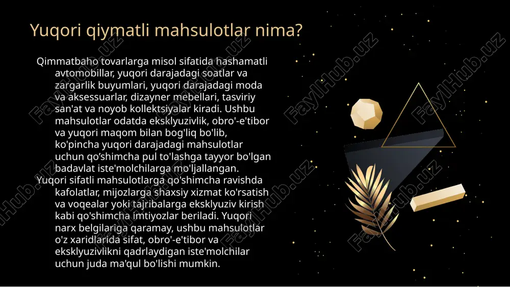 ori qiymatli mahsulotlar sifat va ishonchlilik uchun kuchli obro'ga ega bo'lgan taniqli brendlar bilan bog'liq. iste'molchilar o'zlari ishonadigan va ularni hayratga sola oladigan brendlarning mahsulotlari uchun ko'proq pul to'lashga tayyor bo'lishi mumkin. umuman olganda, yuqori qiymatli mahsulotlarga talab yuqori bo'lishi mumkin, chunki bu mahsulotlar iste'molchilarga sifat, obro'-e'tibor, xususiyatlar, brend obro'si va hissiy jozibadorlik kabi turli xil imtiyozlar va xususiyatlarni taklif qiladi ba'zi qimmatli mahsulotlar iste'molchilarga biror narsa eslatadigan hissiy jozibadorlikka ega. misol uchun, hashamatli soat yoki yuqori darajadagi avtomobilga ega bo'lish iste'molchilarga g'urur, maqom va muvaffaqiyat hissini berishi mumkin. xulosa: hissiy joziba yuqori qiymatli mahsulotlar nima kelajagi qanday? yuqori qiymatli mahsulotlarning kelajagi, ehtimol, bir qator tendentsiyalar va omillar bilan belgilanadi. yuqori qiymatli mahsulotlarning kelajagiga ta'sir qilishi mumkin bo'lgan ba'zi potentsial o'zgarishlar: barqarorlik iste'molchilar o'zlarining xaridlarining atrof-muhitga ta'siri haqida tobora ko'proq tashvishlanmoqdalar va barqaror va etikaga mos tarzda ishlab chiqarilgan mahsulotlarni qidirmoqdalar. qimmatbaho mahsulot ishlab chiqaruvchilari uglerod izini qanday kamaytirishi, barqaror …