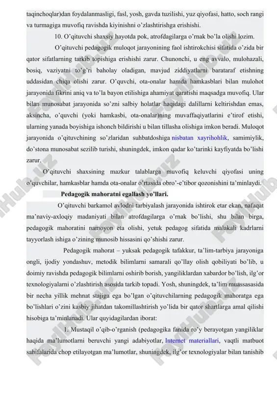kali kadrlarni tayyorlash ishiga o’zining munosib hissasini qo’shishi zarur. pedagogik mahorat – yuksak pedagogik tafakkur, ta’lim-tarbiya jarayoniga ongli, ijodiy yondashuv, metodik bilimlarni samarali qo’llay olish qobiliyati bo’lib, u doimiy ravishda pedagogik bilimlarni oshirib borish, yangiliklardan xabardor bo’lish, ilg’or texnologiyalarni o’zlashtirish asosida tarkib topadi. yosh, shuningdek, ta’lim muassasasida bir necha yillik mehnat stajiga ega bo’lgan o’qituvchilarning pedagogik mahoratga ega bo’lishlari o’zini kasbiy jihatdan takomillashtirish yo’lida bir qator shartlarga amal qilishi hisobiga ta’minlanadi. ular quyidagilardan iborat: 1. mustaqil o’qib-o’rganish (pedagogika fanida ro’y berayotgan yangiliklar haqida ma’lumotlarni beruvchi yangi adabiyotlar, internet materiallari, vaqtli matbuot sahifalarida chop etilayotgan ma’lumotlar, shuningdek, ilg’or texnologiyalar bilan tanishib borish, ularda ilgari surilayotgan g’oyalarni umumlashtirish, xulosalash asosida mustaqil loyihalarni tayyorlash). 2. hamkasb tajribali o’qituvchilar faoliyatini o’rganish (ta’lim muassasasidan chetga chiqmagan holda tashkil etilib, vaqt, shuningdek, iqtisodiy nuqtai nazardan samarali sanaladi. tajribali o’qituvchilar faoliyatini o’rganish ular tomonidan tashkil etilayotgan mashg’ulotlarni kuzatish, tahlil qilish asosida amalga oshiriladi. bu borada olingan taassurotlarni …