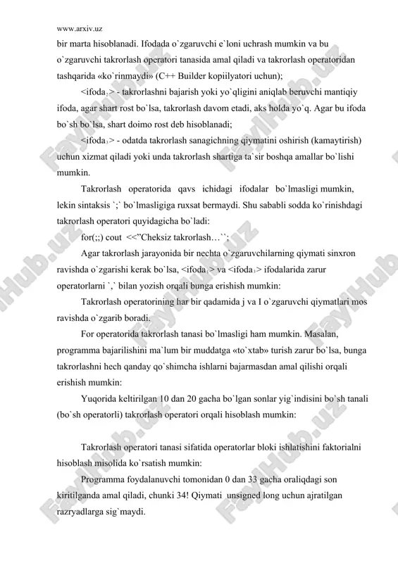 ogrammada berilgan o`nlik sonning ikkilik ko`rinishini chop qilish masalasini yechishda yechishda while operatorini qo`llash ko`rsatilgan. `programmada ichma-ich joylashgan takrorlash operatorlari ishlatilgan. birinchisi, sonning ikkilik ko`rinishini chop qilish jarayonini davom ettirish sharti bo`yicha amal qiladi. ichki joylashgan, ikkinchi takrorlash operatoridagi amallar har qanday, 0 dan 15 gacha bo`lgan sonlar to`rtta razryadli ikkilik son ko`rinishida bo`lishiga asoslangan. unda kiritilgan sonning ichki, ikkilik ko`rinishida uchinchi razryadida 0 yoki 1 turganligi aniqlanadi (``son10& 8``). shart natijasi natija 1 (rost) bo`lsa, ekranga `1`, aks holda `0` belgisi chop etiladi. keyingi qadamda son razryadlari chapga bittaga suriladi va yana uchinchi razryaddagi raqam chop etiladi. takrorlash sanagich qiymati 0 bo`lguncha davom etadi (to`rt marta) va boshqaruv ichki takrorlash operatoridan chiqadi. while takrorlash operatori yordamida samarali programma kodi yozishga bir misol bu – ikkita natural sonlarning eng katta umumiy bo`luvchisi (ekub) evklid algoritmi bilan topish masalasini ko`rishimiz mumkin: butun turdagi a va b qiymatlari oqimdan o`qilgandan keyin ular …