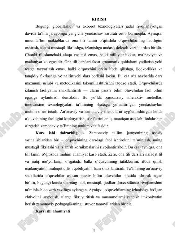 ib bo‘lmaydi. shu boisdan, o‘qituvchi o‘z pedagogik faoliyatida har bir o‘quvchining psixologik xususiyatlarini hisobga olgan holda, individual yondashuvni amalga oshirishi zarur.[footnoteref:1] [1: o'zbekiston respublikasining «ta'lim to'g'risida»gi qonuni 29.08.2022 y. o'zbekiston respublikasi oliy majlis axborotnomasi 2022 y. 10-son.] pedagogik yondashuv esa metodik vositalar, o‘qituvchining kommunikativ mahorati, darsni rejalashtirish va uni tashkil etish shakllari orqali namoyon bo‘ladi. interfaol metodlar, muammoli vaziyatlar yaratish, guruhiy ishlash, loyiha asosida o‘qitish, o‘yinli metodlardan foydalanish – bularning barchasi o‘quvchilarni darsga faol jalb etish, ularda mustaqil fikrlash va izlanish ko‘nikmasini shakllantirishga xizmat qiladi. shunday qilib, o‘quvchilarning faolligini shakllantirish – bu murakkab, lekin zarur pedagogik jarayon bo‘lib, u o‘qituvchining metodik tayyorgarligi, psixologik bilimlari va darsni interaktiv tarzda olib borish mahoratiga bevosita bog‘liqdir. ta’lim jarayonida o‘quvchi shaxsining faol subyekt sifatida shakllanishi uning mustaqil fikrlashi, tashabbus ko‘rsatishi va qaror qabul qila olish qobiliyatiga bevosita bog‘liq. bu esa, o‘z navbatida, ta’lim muhitida erkin fikrlash imkoniyatining mavjud bo‘lishini taqozo etadi. darsda o‘quvchini faollashtirish …