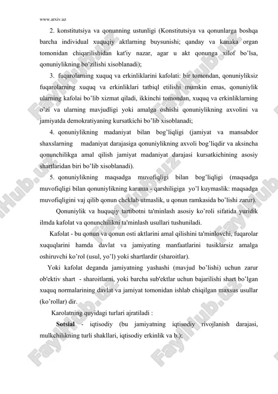 a sub'ektlar uchun bajarilishi shart bo’lgan xuquq normalarining davlat va jamiyat tomonidan ishlab chiqilgan maxsus usullar (ko’rollar) dir. karolatning quyidagi turlari ajratiladi : sotsial - iqtisodiy (bu jamiyatning iqtisodiy rivojlanish darajasi, mulkchilikning turli shakllari, iqtisodiy erkinlik va b.); siyosiy (konstitutsion tuzimning demokratlash darajasi, jamiyatning siyosiy tizimi, siyosiy plyuralizm (fikrlarni xilma - xilligi) kuppartiyaviylik, xokimiyatning bo’linishi va b.); tashkiliy (qonun va qonun osti aktlariga amal qilinishini nazorat qiluvchi maxsus organlar (sud, militsiya, proko’ratura va b.)ning faoliyati); ijtimoiy (qonun bo’zarlikni oldini olishga qaratilgan jamoatchilik tomonidan kullaniladigan kompleks profilaktik chora-tadbirlar); g’oyaviy (bu xuquqiy ong rivojlanishining darajasi, fukoralar o’rtasida yuridik bilimlarni yoyish xuquq talablariga xurmat, jamiyatda ma'naviy tarbiyaning darajasi); maxsus-yuridik (xarakatdagi qonunchilikda ogoxlantirish, tugirlash,xuquq talablarining bo’zilishiga chek quyish maqsadida urnatilgan usul yoki ta'sirqiluvchi omil (ko’rollar).maxsus yuridik usul (ko’rol) larga avvalam bor qonuniylik talabi ifodalangan barcha xuquq normalarini kiritish zarurdir. qonuniylikning yuridik talablari quyidagilardan iborat : * xn sini bajarmaslikni adolatli jazolash; * qonun ustunligini …