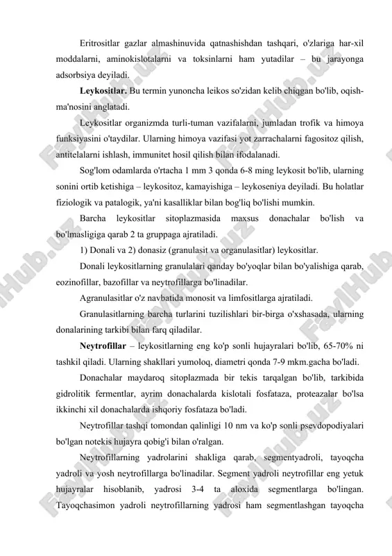 ga bo'lingan. tayoqchasimon yadroli neytrofillarning yadrosi ham segmentlashgan tayoqcha yoki «s» shaklida bo'ladilar va ular barcha leykositlarning 2-4% tashkil qiladilar. yosh neytrofillar (metamiyelositlar)ning yadrosi loviyasimon yoki taqasimon bo'lib, o'rtacha 0, 5% gacha bo'ladilar. ayollarning yetuk neytrofillarida maxsus xromatin tanachalari yoki barr tanachalari uchraydi. ular yadro qobig'i ostida baraban tayoqchasi yoki uzilayotgan tomchi holatida bo'ladilar. neytrofillar psevdopodiyalari yordamida aktiv harakat qilish qobiliyatiga ega bo'lib, organizmning to'qimalarini yallig'lanish yoki yemirilish joyiga yetib boradi. bu yerda neytrofillar yot zarrachalarni, yemirilgan xujayra bo'laklarini va mikroorganizmlarni fagositoz qiladi. shu xususiyati uchun ham neytrofillarni – mikrofaglar ham deb yuritiladi. neytrofillar moddalar almashinuvida ham faol ishtirok etadilar, ularning o'rtacha hayoti 10 sutkaga teng bo'lib, to'qimalarga qondan chiqgandan so'ng tez nobud bo'ladilar. eozinofillar neytrofillarga nisbatan birmuncha yirikroq hujayralar bo'lib, diametrlari 10-11 mkm. bo'ladilar va leykositlarning 2-5% tashkil qiladi. eozinofillarning yadrolari ham segmentlangan bo'lib, neytrofillardan segmentlarning soni ko'pincha 2 ta (pensne shaklida) bazan 3 tagcha bo'lishi va donachalarning o'ziga …
