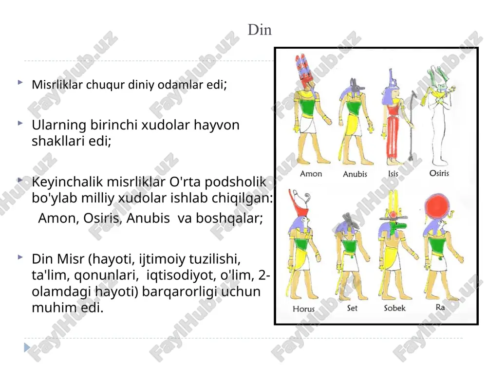 1555—712yillar vi. so’nggi podsholik davri 25 vа 26-sulolalar mil. av712—525 yillar vii. eronlilar hukmronligi davri 27- 30-sulolalar mil. av525—332 yillar viii. yunon-rim davri mil. av 332 – milodiy 638 йиллар bo shq a r uv i davlat rahbari- firavn firavnlar quyosh xudosining o’g’li, ular o’z otalaridan farmonlar olib ish qiladi degan tassavvurlar bo’lgani uchun firavnlarga qarshi chiqishlar juda kam bo’lgan; firavnlarning bosh kiyimlari amenhoteb iii. o’rta podsholik. 20-sulola vakili xafra piramidasi arxitektori kleopatra vii. ptolomeylarning so’nggi hukmdori misrning eng shavqatsiz firavnlaridan biri, tutmos iii tutanhamonning oltin niqobi hunarmandlar mehnati “marhumlar kitobi”dan, misrliklarning kundalik hayotidan lavha. yangi podsholik davridagi qo’shindagi o’zgarishlardan biri ta’lim ijtimoiy sinfidan qat’iy nazar, barcha bolalar ta’lim olgan, misrliklar yozuvini o’rganish juda qiyin bo’lganligi uchun ko’pchilik talimni oxirigacha davom ettirolmagan; kasblarni ota- onasidan o’rganishgan iyerogliflar iyerogliflar-toshga yozilgan yozuv yozuvlar xudolar kalomi yoki muqaddas deb atalgan * yangi podsholik davriga kelib, iyerogliflar soni 700 ta bo’lgan rozett bitiktoshi rozett …