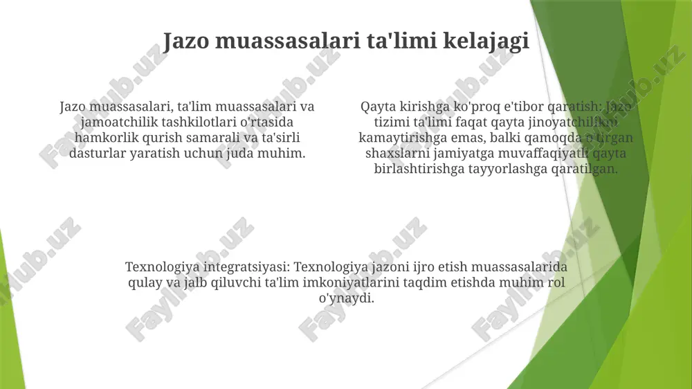 tlarini va daromad potensialini oshirish. qayta jinoyat ko'rsatkichini kamaytirish va ozodlikdan keyingi muvaffaqiyatni oshirish. qayta kiritishni rejalashtirish va qo'llab-quvvatlash xizmatlari qayta kirish rejalashtirish shaxslarga ozodlikka chiqqandan keyin jamiyatga qayta kirib ketishda yordam beradi. qo'llab-quvvatlash xizmatlari qayta integratsiya qilishga yordam berish uchun uy-joy, ish bilan ta'minlash yordami va ruhiy salomatlik xizmatlarini o'z ichiga oladi. jazoniy ta'lim qamoqda o'tirgan shaxslarga ta'lim darajasini olish va ko'nikmalarini rivojlantirish imkoniyatini beradi. texnologiyaning jazoni ijro etish tarbiyasidagi rolı texnologiya qamoqda o'tirgan shaxslar uchun ta'lim resurslariga kirishni osonlashtiradi va o'rganish imkoniyatlarini oshiradi. onlayn platformalar va virtual sinf xonalar jazoni ijro etish muassasalari ta'lim dasturlari uchun moslashuvchanlik va qulaylik yaratadi. texnologiya individual o'quv rejalari va shaxsiylashtirilgan o'qitishni qo'llab-quvvatlaydi, turli ehtiyojlar va o'rganish uslublariga mos keladi. e'tiboringiz uchun rahmat @taqdimot_robot