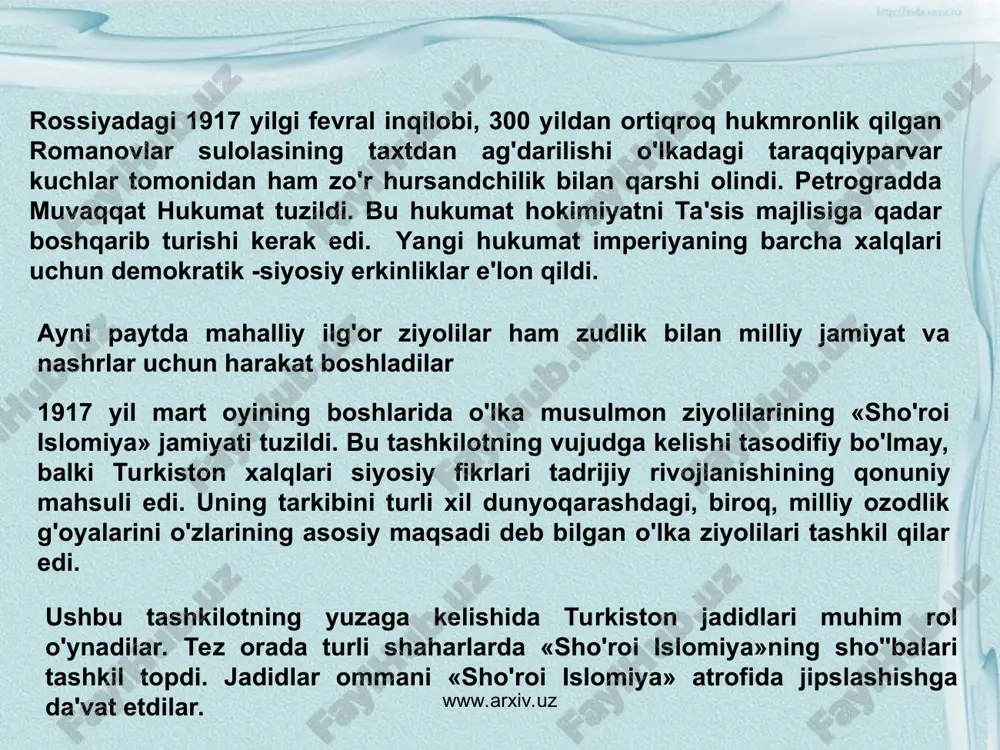 lon shahrida 2 000 kishilik miting bo'lib o'tdi. unda mahalliy «sho'roi islomiya» tashkiloti faollari yig'ilganlarni shaharda federalistlar firqasi sho''basini tuzishga chaqirdilar. taraqqiyparvar ziyolilar tomonidan ishlab chiqilgan firqaning maromnomasini o'lkada demokratik ko'rinishdagi davlat qurishning nazariy asosi edi deyish mumkin. bu fikrni maromnomaning quyidagi bandlari bilan izohlash mumkin: «firqaning maqsadi: 1)rusiyada mahalliy va milliy adami markaziyat (federasiya) asosi uzra xalq jumhuriyati tashkil etmakdur. 2) firqa turkiston, qirg'iziston, qofqoz va boshqirdiston qit'alari ( o'lkalari) uchun va boshqa milliy va mahalliy muxtoriyat, idil bo'yi ila qrim totorlari uchun va boshqa rusiyada yashaydurgon turk qavmlari uchun milliy muxtoriyat talab qiladur...4)millatning yigirma yoshga yetub, aqliyat paydo qilg'on har bir fardi: er bo'lsun, xotun bo'lsun- sinf, din va mazhab ayirmasig'a boqmasdan saylamak va saylanmak haqina molikdur. 5)yuqorida mazkur barcha muxtoriyatli qit'alar markaziy hukumat ila vatan mudofaasi, pul chiqarmak, boj va xorijiy hukumatlar ila munosabatda bo'lmoq xususlarida aloqa va irtibotini (bog'liqlikni) muhofaza qilur. 6) muxtoriyatli qit'alar dohiliy mas'alalar …