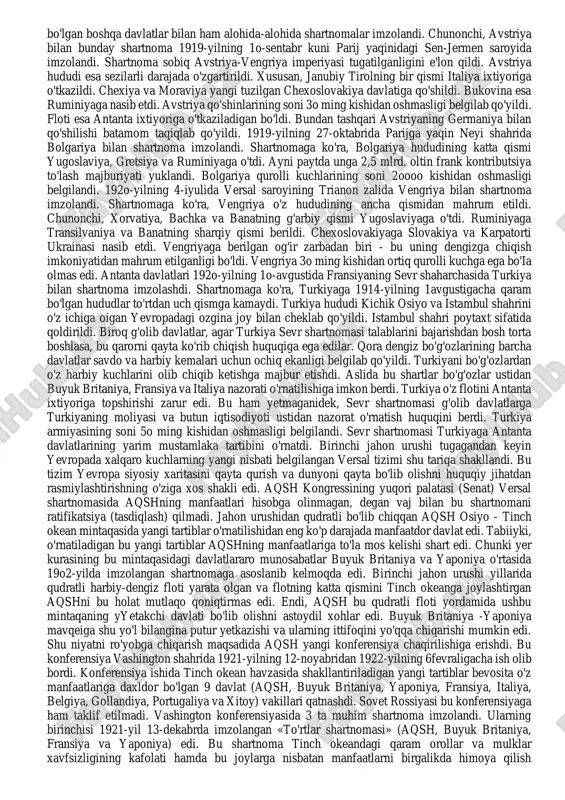 lishiga qarshi edi. buyuk britaniya germaniyaning dengiz va iqtisodiy qudratini sindirganligini o'zining katta yutug'i deb hisoblardi. germaniyaning sobiq mustamlakalarini o'z imperiyasi tarkibiga qo'shib olishga intilardi. ayni paytda fransiyaning germaniya hisobiga kuchayishini ham istamas edi. lloyd-jorj fransiya kuchayib ketishining hamda bolsheviklar solishi mumkin bo'lgan xavfning oldini olish maqsadida kuchli germaniyaning saqlanib qolishidan manfaatdor edi. bundan tashqari, buyuk britaniya aqshning jahon siyosatida tutgan o'rni, shuningdek harbiy- dengiz qudrati tobora oshib borayotganligidan tashvishda edi. biroq bu jarayonning oldini olishga qodir emas edi. chunki aqsh buyuk bntaniyani qarz beruvchi davlatdan qarzdor davlatga aylantirib qo'ygan edi. buning ustiga iqtisodi tobora kuchsizlanib, moliyasi va savdosi izdan chiqib bormoqda edi. fransiya katta uchlik ichida eng ko'p zarar ko'rgan davlat edi. chunki urush harakatlari uning hududlarida olib borilgan edi. ayni paytda u ham qarz beruvchi davlatdan qarzdor davlatga aylanib qoldi. bu ham yetmaganidek, sovet hukumati podsho rossiyasining chet davlatlardan olgan qarzini to'lashdan bosh tortganligi fransiya uchun qattiq zarba …