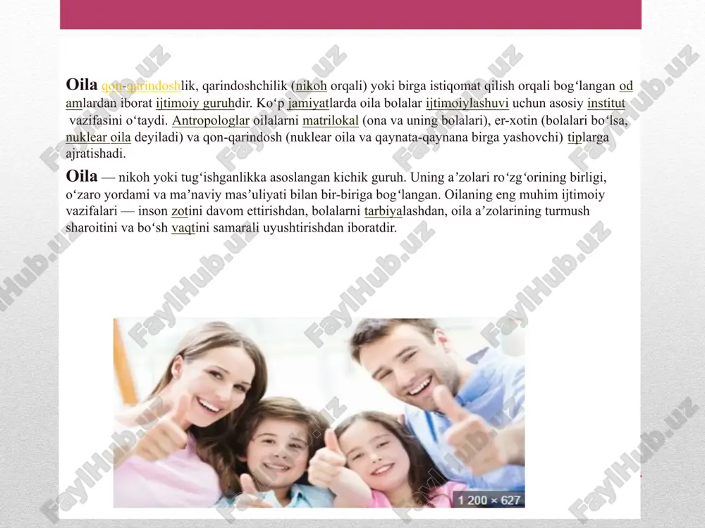 anish, ular a’zolarining o'zaro munosabatlarini taqqoslash va shu kabilar asosida ayrim nisbiy xulosalarga, mulohazalarga kelish mumkinki, shu nisbiy- likdan har bir odam o'zi uchun nisbatan «tegishli» xulosalar chiqarib olishi lozim bo'iadi. shuning uchun, biz quyida oilaviy munosabatlar, oiladagi nizolar haqida fikr yuritar ekan- miz, ularning barcha oilalarga mutlaq tegishli bo'lishligini (ekanligini) da’vo qilolmaymiz. quyidagilar ham bizning nisbiy mulohazalarimizdir. shunday qilib, oilaviy nizo va janjallar, ajralish muammosi hozirgi paytda jamiyatning eng dolzarb muammolaridan biri bo‘lib qolmoqda. oilalar ajralishlarining mavjudligi bizning respublikamizda ham keng jamoatchilik diqqatini o‘ziga qaratib, bu muammoning yechimini topish uchun kerakli choralarni ko‘rishga da’vat etmoqda. oilaviy nizolarning eng xarakterlilaridan biri bu er va xotin o‘rtasidagi nizolardir. shu munosabat bilan shu kabi muommoli holatlarni oldini olish va ijtimoiy hayotimizdagi salbiy holatlarni baratraf etish maqsadida o‘zbekiston respublikasi prezidentining “jamiyatda ijtimoiy-ma’naviy muhitni sog‘lomlashtirish, mahalla institutini yanada qo‘llab-quvvatlash hamda oila va xotin-qizlar bilan ishlash tizimini yangi darajaga olib chiqish chora-tadbirlari to‘g‘risida” 2020-yil 18-fevraldagi …