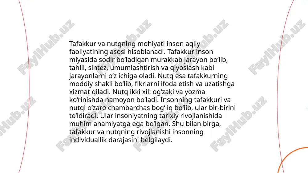 o‘llashga imkon beradi. kreativ tafakkur aqshning kaliforniya universiteti tadqiqoti bo‘yicha, 59% hollarda muammolarni samarali hal etishda yordam beradi. yaponiyada esa kompaniyalar xodimlarining kreativ tafakkur darajasini oshirish uchun yillik trening mashg‘ulotlariga 75 soatdan ko‘proq vaqt sarflaydi. bu tafakkur turi san’at, fan va biznes kabi turli sohalarda muhim ahamiyatga ega. dunyo bo‘ylab 40% kompaniyalar kreativ mavzularni yanada rivojlantirish maqsadida maxsus dasturlar ishlab chiqmoqda. ... t.me/slaydai_bot 5. tafakkurni rivojlantirish usullari 1. **kitob o'qish:** o'qish tafakkurni rivojlantiradi va bilimni oshiradi. haftada kamida 3-4 soat kitob o'qish tavsiya etiladi. 2. **jurnal yozish:** har kuni 10-15 daqiqa kunlik jurnal yozish tafakkurni kuchaytiradi va razm solish uchun imkon beradi. 3. **matematik masalalar yechish:** haftada 2-3 marta matematik boshqotirmalar va masalalar yechish tafakkurni o‘tkir qiladi. 4. **cheksiz ilm olish:** kurslar va seminarlar orqali yangi bilimlarni o‘rganish. oyiga 2 ta yangi mavzuni o‘rganish tavsiya qilinadi. 5. **tabiatda yurish:** tabiat qo'ynida 20-30 daqiqalik kunlik piyodalar yurishi tafakkurni tiniqlashtiradi va stressni …