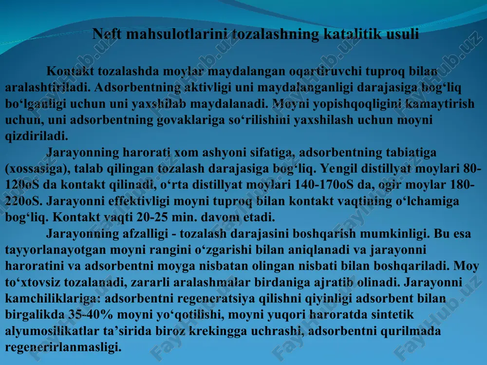 un bir operatsiyada tozalanadi. kontakt vaqti aralashtirishning tezligi va chо‘kkan gudronni ajratib olish sharoitiga bog‘liq. agarda aralashtirish muddati juda uzoq bо‘lsa, gudronni moyda qisman erib ketish xavfi bor. sigimi 20-100 t. bо‘lgan apparatlarda aralashtirish vaqti 30-70 min.ga boradi. gudronni tindirish vaqti iloji boricha qisqa bо‘lishi kerak (4-8 soat agarda chо‘ktirgichlardan foydalanilganda). shuning uchun tozalash haroratini muhitni yopishqoqligini hisobga olgan xolda tanlash kerak. gudronni chо‘kishini tezlatish uchun kaogulyantlar qо‘llaniladi: naoh ni - 6-9% eritmasi, suyuq shishani eritmasi, sovuq suv. bu moddalarni moylar kislota bilan aralashtirib bо‘lgandan sо‘ng qо‘shiladi. neft mahsulotlarini (moylarni) ishqor bilan tozalash moyda sulfat kislotalar, sulfat kislotani qoldiqlari, neft kislotalari bо‘ladi.bu mahsulotlar moy distillyatlaridan 3-10% naoh eritmasi bilan neytrallanib chiqarib tashlanadi. jarayonning harorati 45-50oc. moydagi nordon (javhar) mahsulotlar tuzlar hosil qilib ishqor eritmasiga о‘tadi. ishqoriy chiqindilardan tozalangandan sо‘ng moyni neft kislotalarni qoldiqlaridan tozalash uchun issiq par kondensati bilan yuviladi va havo bilan quritiladi. ishqorni sarfi tozalanadigan moyni 0,2-1,5% (mass) …