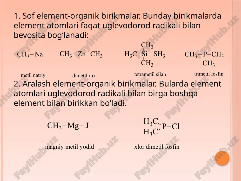 mli, yonmaydi, sovuqda qotmaydi, suvni shimmaydi, organik erituvchilarda erimaydi, agressiv suyuqliklar ta’siriga barqaror birikmalardir. kremniy-organik birikmalarning silatranlar sinfi keng doirali, o‘ziga xos biologik faollikka egaligi bilan qishloq xo‘jaligida katta ahamiyatga ega. fosfor va mishyak davriy sistemaning beshinchi gruppa elementlari bo‘lib, azot analoglaridir. bu elementlarning organik hosilalari o‘rtasida ham qisman o‘xshashlik kuzatiladi. bu ayniqsa ularning tuzilishlari o‘xshashligida namoyon bo‘ladi. kimyoviy xossalari jihatidan o‘xshashligi shundaki, fosfinlar asos xossasiga ega, ular aminlar kabi kislotalar bilan tuz hosil qiladi: fosfor va mishyakli organik birikmalar birlamchi va ikkilamchi fosfinlar oksidlanib, tegishli alkil va dialkil fosfin kislotalarni hosil qiladi. a. e. arbuzov birinchi marta uchlamchi alkilfosfatga galoid alkil ta’sir ettirib, alkilfosfin kislota efirini sintez qildi (arbuzov reaksiyasi). mishyak ham xuddi fosfor kabi tuzilishga ega birikmalar hosil qiladi. fosfor va mishyakning organik birikmalari orasida kuchli biologik faol moddalar topilgan. masalan: stovarsol — uyqu kasalligini davolashda ishlatiladigan preparatdir. etiboringiz uchun rahmat ! image2.wmf oleobject1.bin image3.wmf image4.wmf oleobject2.bin oleobject3.bin …