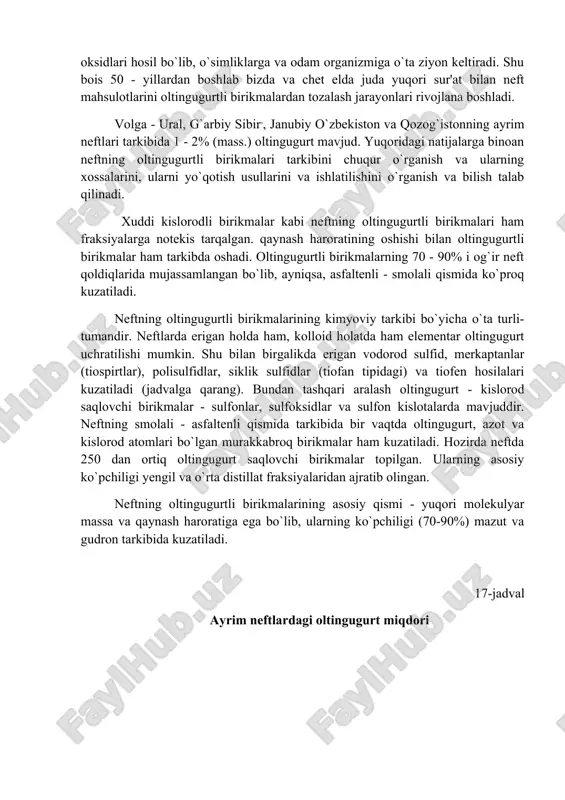 im neftlardagi oltingugurt miqdori kon oltingugurt miqdori, % kon oltingugurt miqdori, % surahan 0,02-0,08 romashkin 1,62 dossor 0,11-0,15 тyumen (sibir) 1,5-2,0 grozniy 0,20-0,25 bavlin (таtariston) 1,22-2,45 маykop 0,18-0,28 ishimboy 2,5-2,95 кrasnokamsk 0,58-0,96 stavropol 2,58 маrkov (sibir) 0,46 аrlan 2,79 saxalin 0,33-1,28 buguruslan 2,92 uxta 1,12-1,24 хаu-dog’ (o’zbekiston) 3,22 тuymazin 1,47 uch qizil (o’zbekiston) 1,82-6,32 18-jadval neftning identifikatsiyalangan induvidual oltingugurtli birikmalari uglevodorod sinfi, gomologik qatori uglerod atomlari soni identifikatsiyalangan birikmalar soni 1 2 3 меrkaptanlar аlifatik shcnh2n+1 c1 – c8 39 siklik shcnh2n-1 c6 8 sul’fidlar аlifatik cnh2n+2s с2 – с8 46 siklik cnh2ns c4 – c14 48 siklik cnh2n-2s c7 – c11 21 tioadamantan cnh2n-4s с9 1 аromatik cnh2n-6s с10 5 тioindanlar cnh2n-8s с8 – с12 21 disulfidlar va tionilsulfidlar аlifatik cnh2n+2s с2 – с4 3 cnh2n-4s2 с8 1 tiofenlar cnh2n-4s с4 – с9 19 sikloalkanotiofenlar cnh2n-2s с7 – с8 3 benzo–, dibenzo–, nafto–, benzonaftotiofenlar: cnh2n-16s с8 – с11 16 …