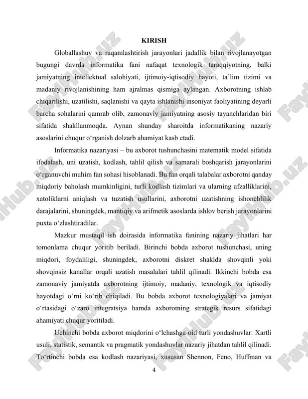 irligi sifatida bit (binary digit) tushunchasi qabul qilingan bo‘lib, u ikki holatdan (masalan, "0" yoki "1") birini ifodalovchi eng kichik axborot birligi hisoblanadi. agar tizimda n ta teng ehtimolli xabar mavjud bo‘lsa, umumiy axborot miqdori quyidagi formulaga asosan hisoblanadi: masalan, agar n = 8, ya’ni 8 ta xabar bo‘lsa, axborot miqdori quyidagicha bo‘ladi: bu degani, har bir xabarni uch bitli kod orqali ifodalash mumkin bo‘ladi. axborot miqdorini aniqlashda uning semantik (mazmuniy) qiymatidan ko‘ra, tanlov erkinligi va noaniqlik darajasi muhim ahamiyat kasb etadi. ya’ni, axborot – bu noaniqlikni bartaraf etuvchi vosita sifatida qaraladi. shennon nazariyasiga ko‘ra, aynan noaniqlikni kamaytirish orqali axborot hosil bo‘ladi. zamonaviy axborot texnologiyalarida, xususan sun’iy intellekt, telekommunikatsiya, kriptografiya, axborot xavfsizligi va big data sohalarida axborot miqdorini to‘g‘ri aniqlash va tahlil qilish muhim hisoblanadi. bu jarayonlarda axborot hajmi, uzatish tezligi, resurs sarfi va ishonchliligi bevosita bu ko‘rsatkichlarga bog‘liq bo‘ladi. xulosa qilib aytganda, axborot miqdorini hisoblash nafaqat nazariy jihatdan muhim, …