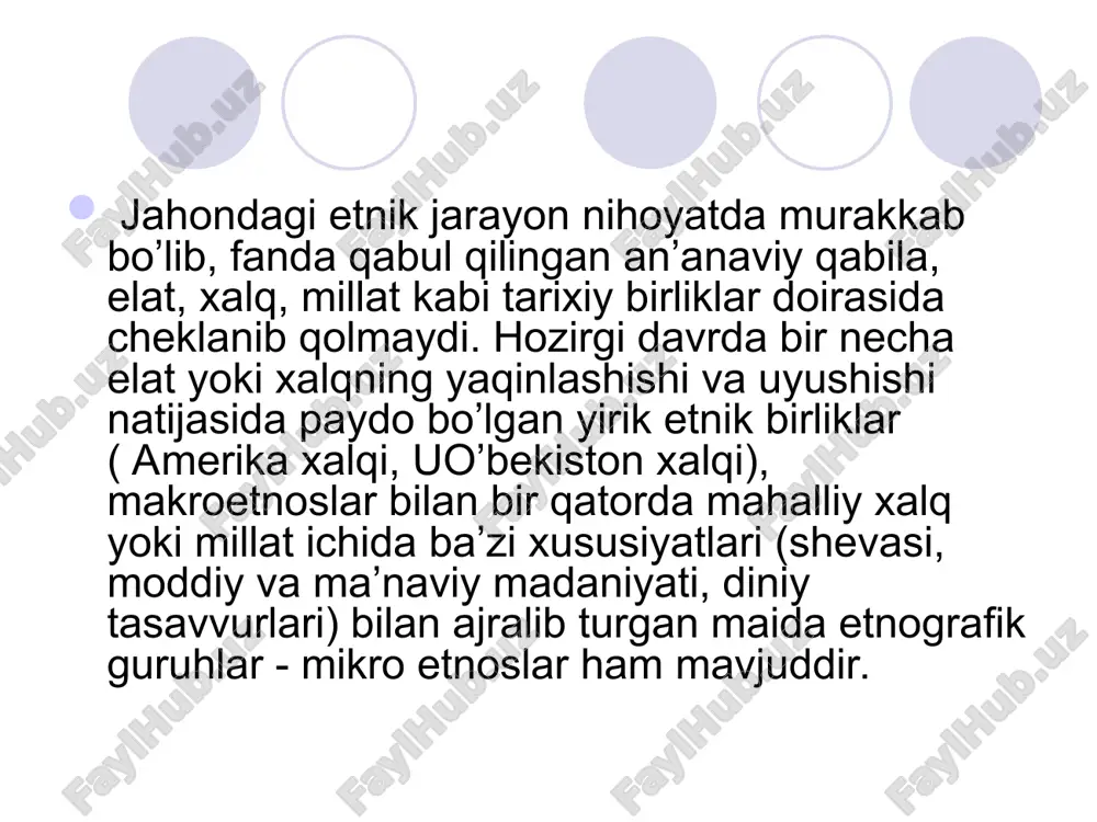 inlar kiradi. sharqiy va janubiy-sharqiy yevropada slavyan tillarida so’zlashuvchi chexlar, slavaklar, polyaklar, lujichanlar, bolgarlar, chernogorliklar, xorvatlar, makedoniyaliklar, bosniyaliklar yashaydi. german tilida so’zlashadigan avstrayaliklar, nemislar, gollandlar, flamandlar, shvedlar, norveglar, daniyaliklar, ispanlar, inglizlar, lyuksemburgliklar, elzasliklar va qisman shvetsariyaliklar markaziy g’arbiy va shimoliy yevropada yashovchilar. jahon aholisining yarmiga yaqini osiyoda joilashgan bo’lib, mingdan ortiq etnik tuzilishi, tili, madaniy iqtisodiy darajasi va maiishiy turmushi bilan bir biridan farq qiladigan turli elat va xaqklar yashaydi. osiyoning ko’p qismi odamning vatani (ya’ni antropogenez) dir. bu yerda juda ko’p dastlabki qadimiy tilllar, asosiy irqlar shakllangan, qadimgi madaniyat markazi, jahon dinlari (xristianlik, buddizm va islom,) paydo bo’lgan. yaponiya, koreya, bangladesh va ko’pgina arab mamlakatlari milliy birlik jihatdan ajralib turadi (asosiy xalq 95 foizni tashkil qiladi). birma, vetnam, iroq, kampuchiya, suriya, turkiya, xitoy, shri lanka aholisining 75 foizi yagona xalqdan iborat. afganistan, eron, hindiston, pokisgpon, indoneziya, filippin murakkab ko’p millatli mamlakatlarga kiradi. ayrim xalq va elatlar (kurdlar, balujiylar, panjoblar) …