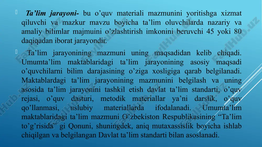 a kirishi va ularga har xil ko‘rsatmalar berishi, metodika jihatidan yuksak saviyada o‘tkazilgan dars namunalarini ko‘rsatish maqsadida yosh o‘qituvchilarni tajribali o‘qituvchilarning darslariga taklif etish, nazorat ishlarining mavzusi va mundarijasi masalalarida maslahatlar berish kabi shakllardan iborat bo‘ladi. o‘quv ishlari bo‘yicha direktor o‘rinbosarining yuqorida ko‘rsatib o‘tilgan hamma ishlarini tizimga solish, aniqlash va rejalashtirish maqsadida ularni o‘quv yilining asosiy davrlariga taqsimlash yaxshi natija beradi. ma’lumki bunday asosiy davrlar uchtadir: 1. yangi o‘quv yiliga tayyorgalik ko‘rish. 2. mashg‘ulotlarning boshlanishi va butun yil davomidata’lim-tarbiya ishlarining borishi. 3. imtihonlar va o‘quv yilining tugallanishi. o‘quv ishlari bo‘yicha direktor o‘rinbosari quyidagilarni bilishi zarur: 1. o‘rta maktabda o‘qitiladigan hamma fanlarning dasturlarini va ularning uqtirish xatlarini, xususiy metodikalarini, darsliklarini, ko‘rgazmali qurollarini. 2. sinfdan va maktabdan tashqari ishlarning metodlarini. 3. o‘quvchilar tashkilotlari bilan ishlash metodlarini. 4. o‘quvchilar bilan olib boriladigan tarbiyaviy ishlar nazariyasi va amaliyotini. 5. bolalar adabiyotini. 6. maktab gigiyenasi va ta’lim-tarbiya psixologiyasi masalalarini. 7. rahbarlik qilish, nazorat qilish, hujjatlar …